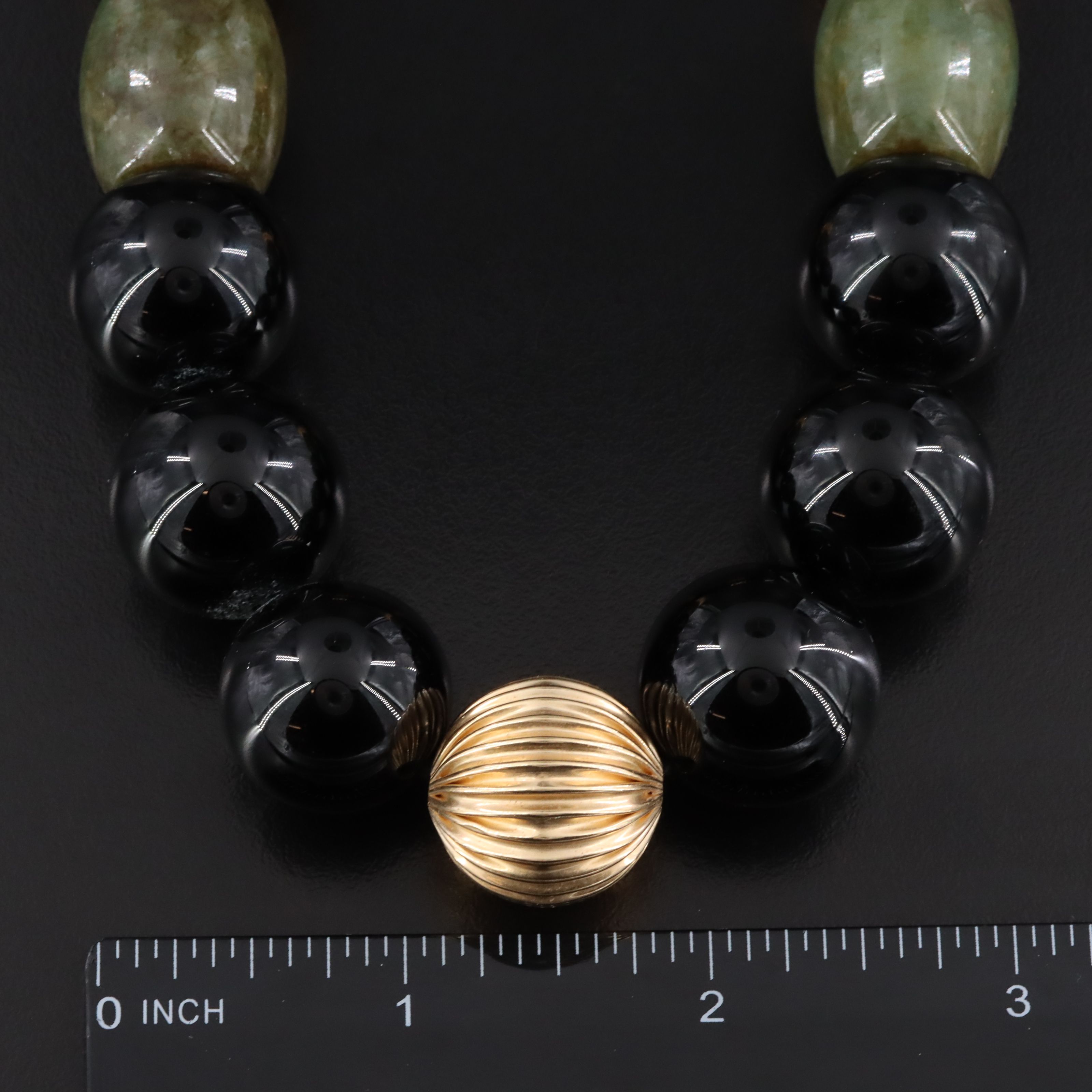 Jadeite and Black Onyx Necklace with 14K Clasp and Fluted Station Beads