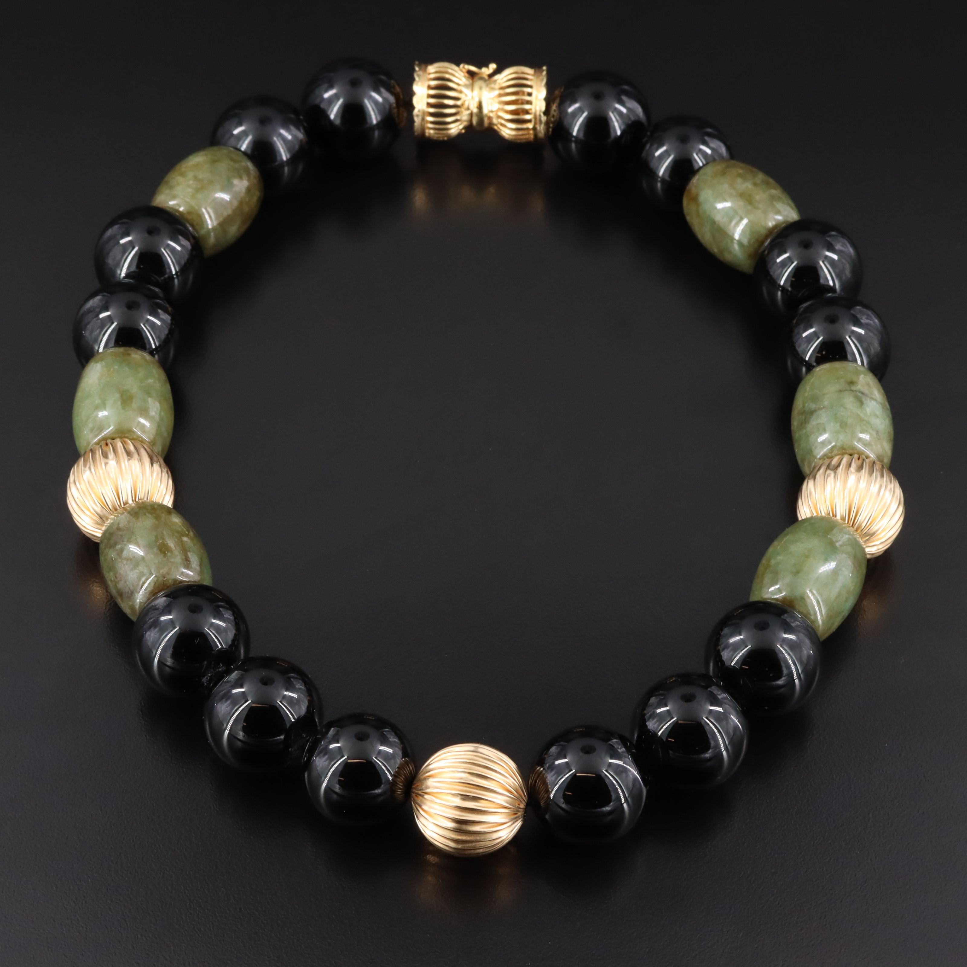 Jadeite and Black Onyx Necklace with 14K Clasp and Fluted Station Beads