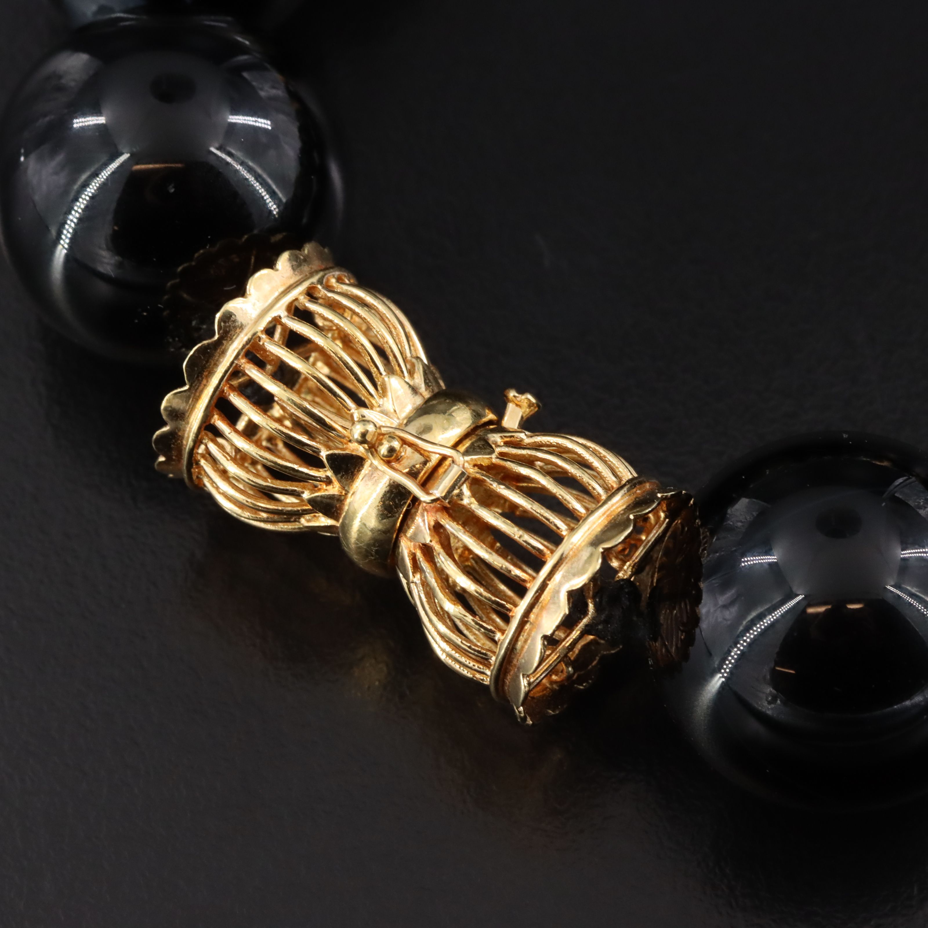 Jadeite and Black Onyx Necklace with 14K Clasp and Fluted Station Beads