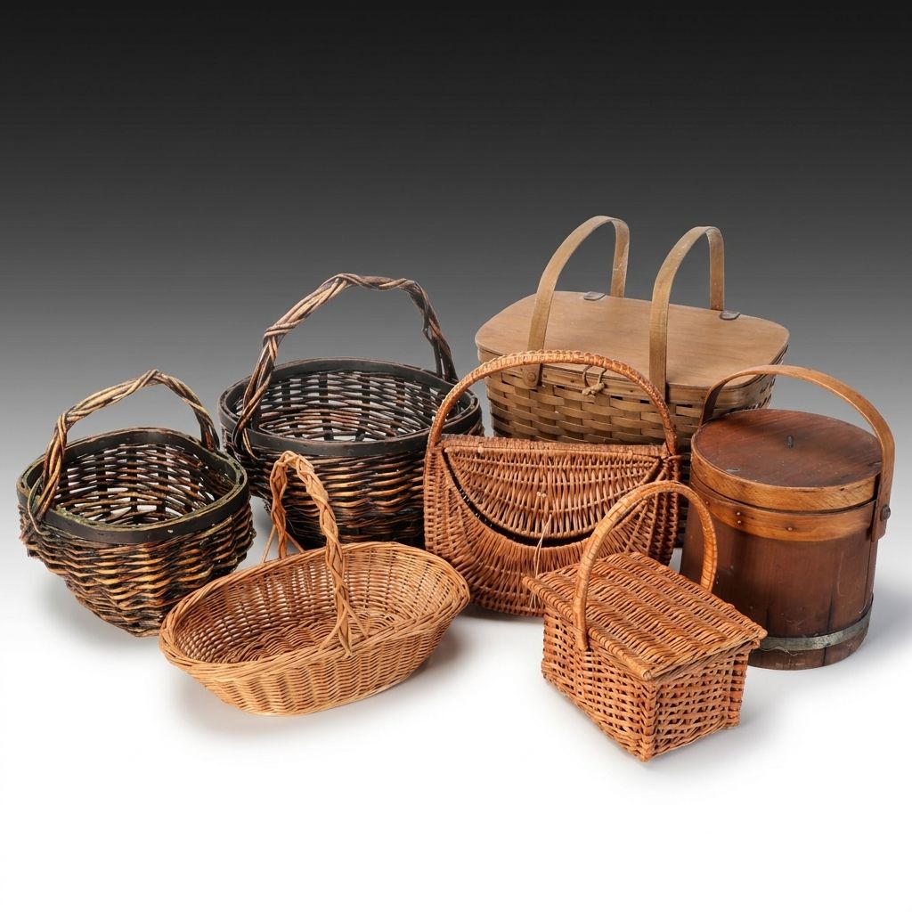 Firkin Bucket with Woven Lidded Picnic Basket and More Baskets