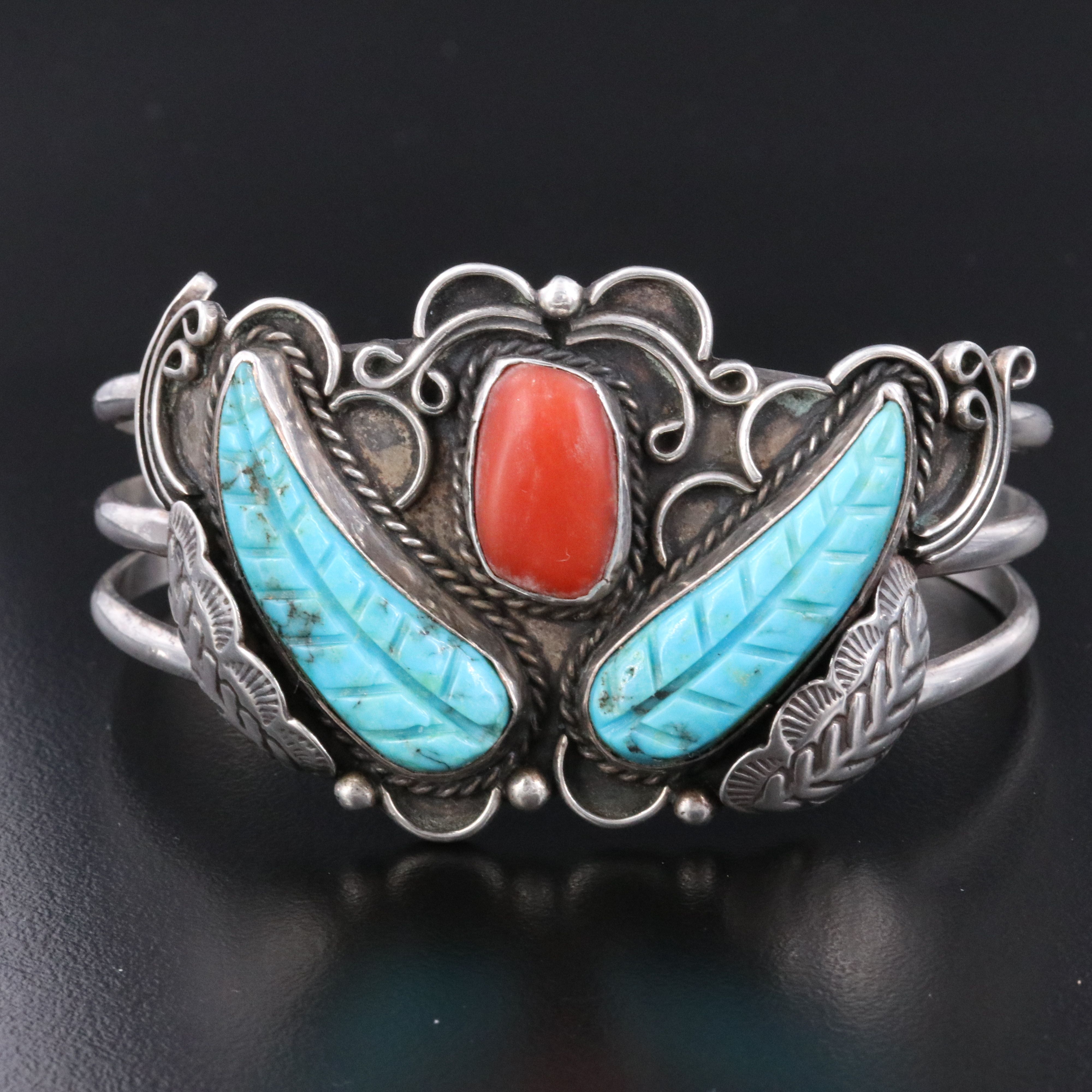 Southwestern Signed Sterling Turquoise and Coral Feather Cuff Bracelet