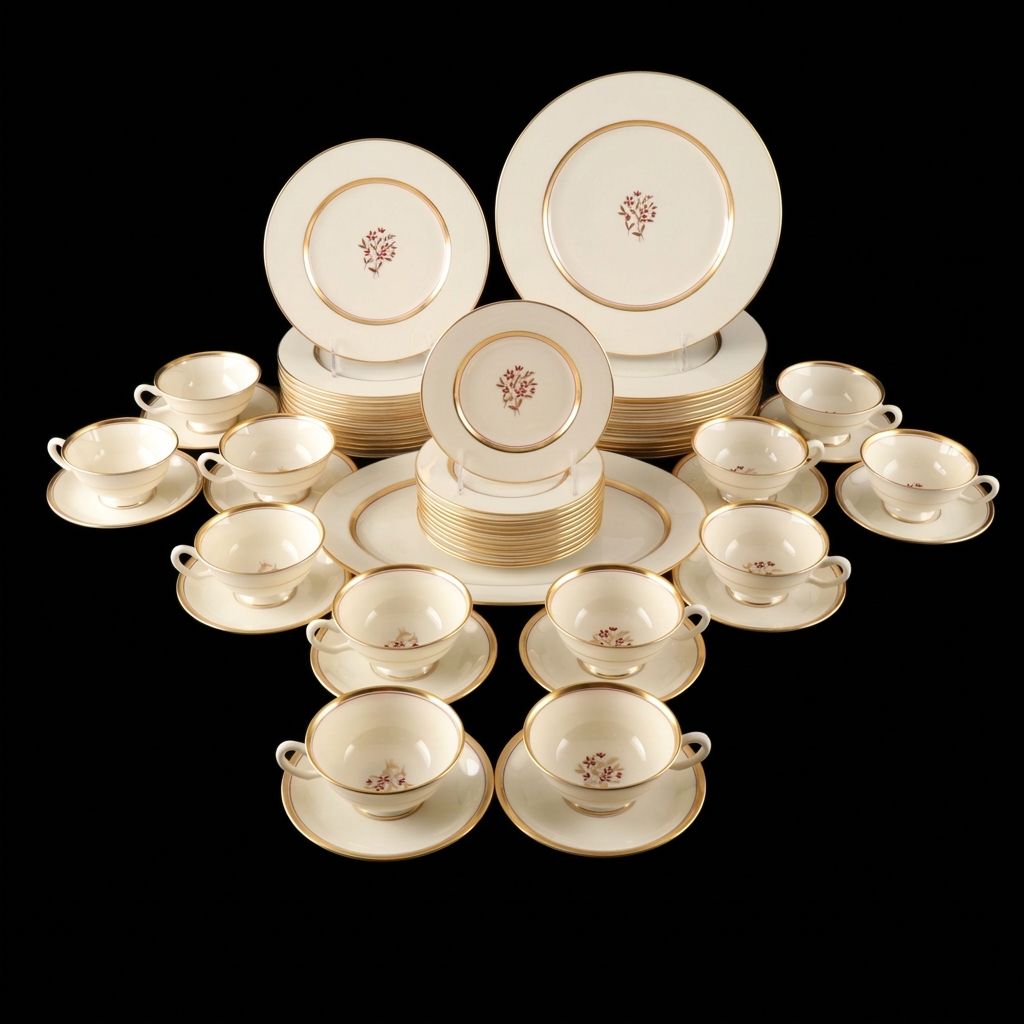 Lenox "Nydia" Gold Rimmed Floral Porcelain Dinnerware, Mid-20th Century