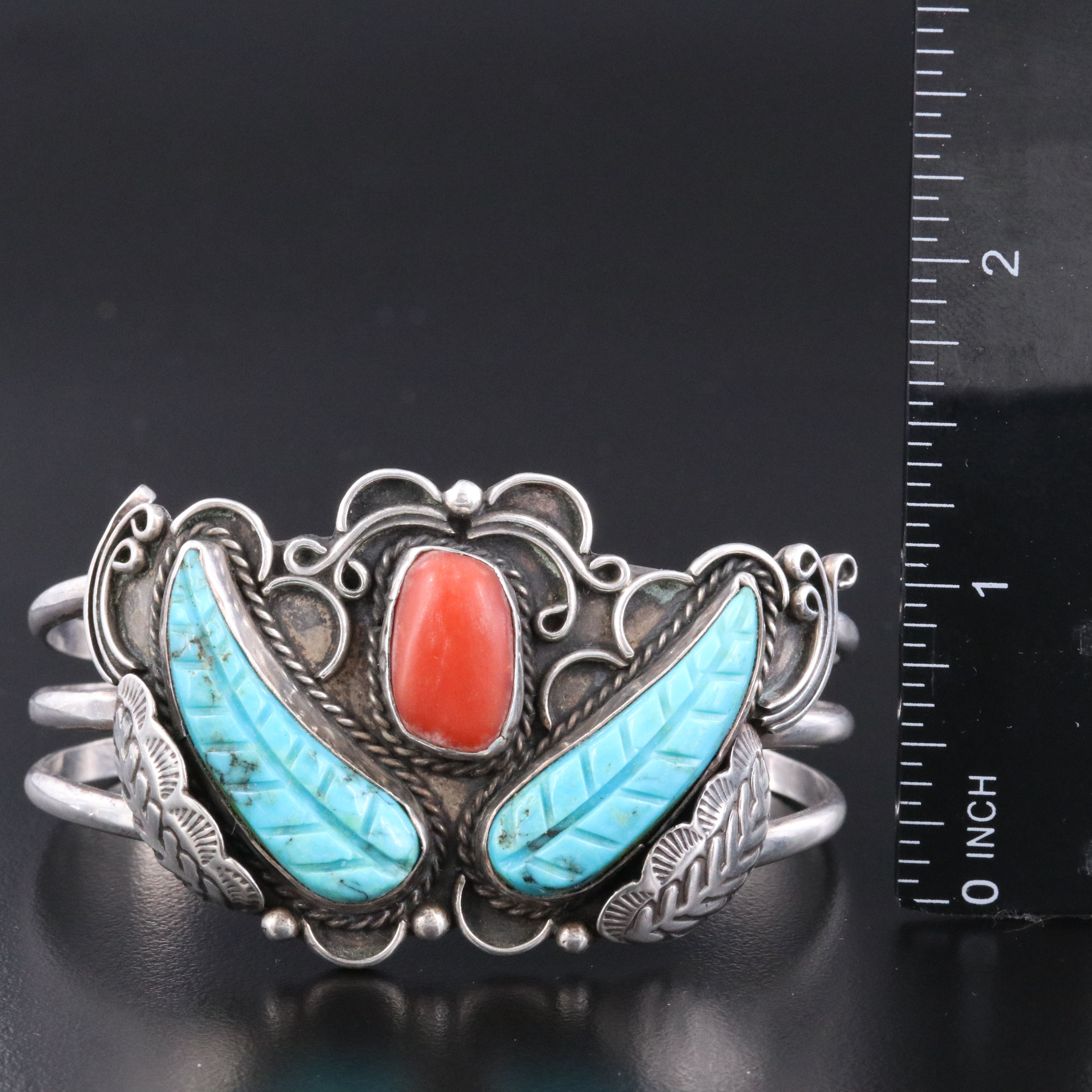 Southwestern Signed Sterling Turquoise and Coral Feather Cuff Bracelet
