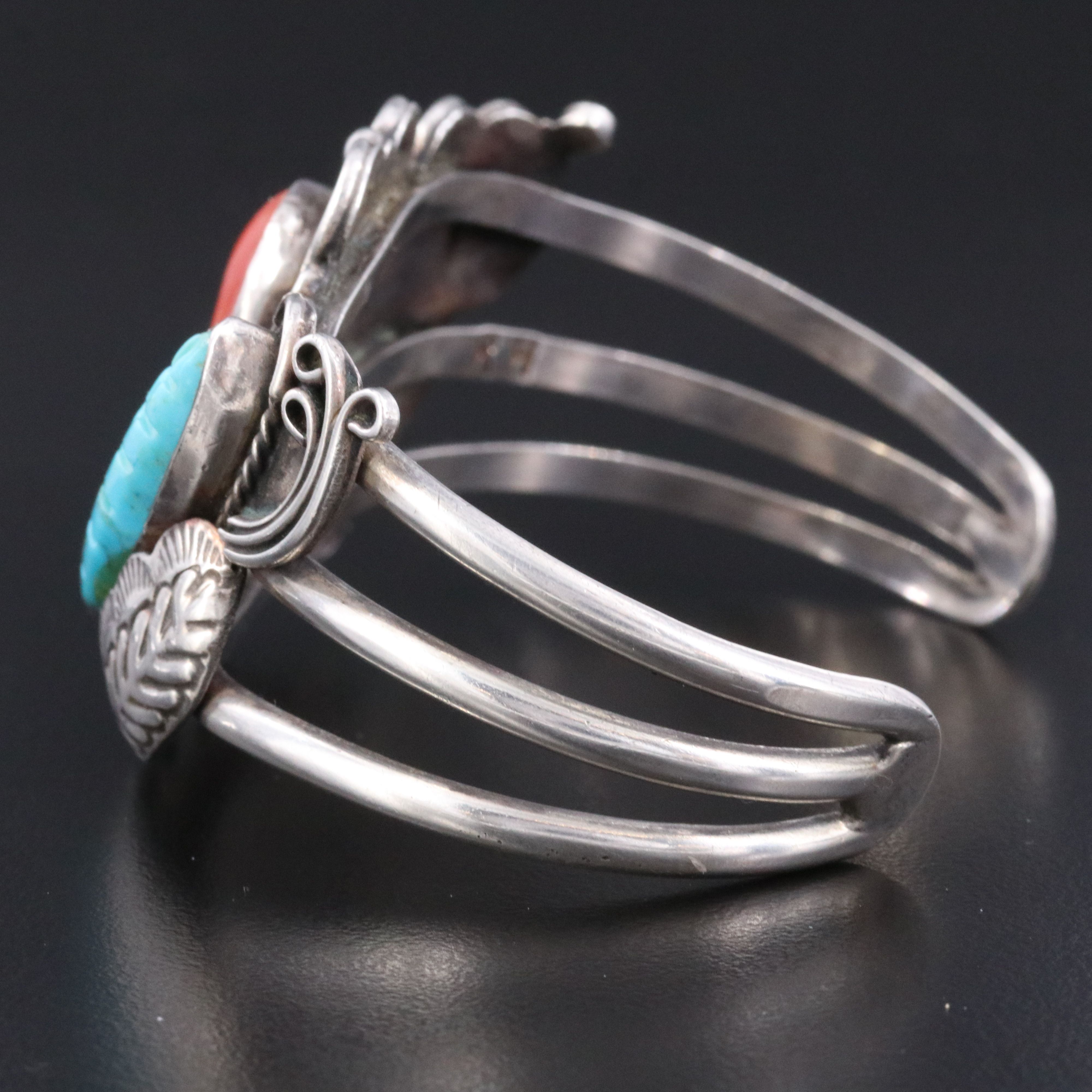 Southwestern Signed Sterling Turquoise and Coral Feather Cuff Bracelet