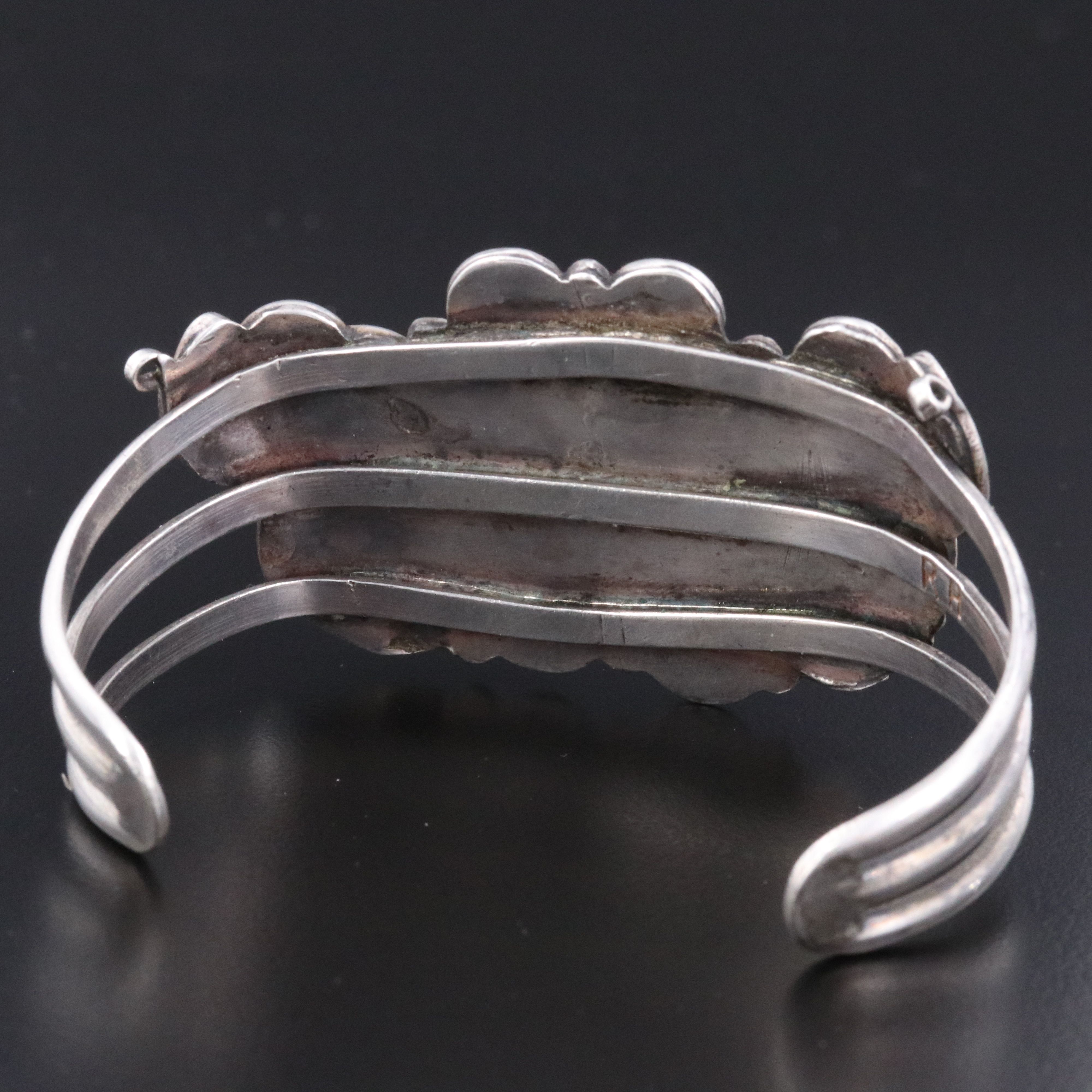 Southwestern Signed Sterling Turquoise and Coral Feather Cuff Bracelet