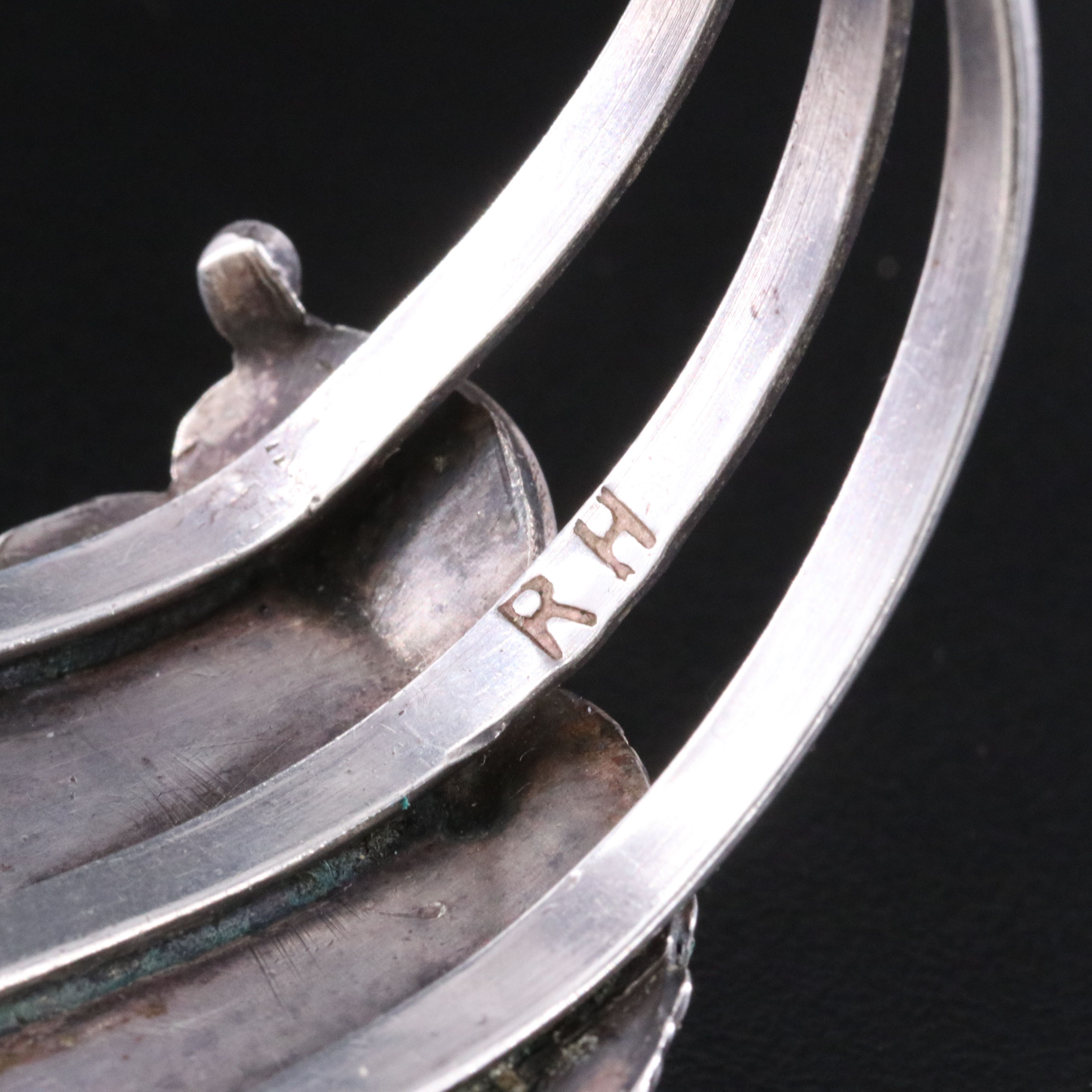 Southwestern Signed Sterling Turquoise and Coral Feather Cuff Bracelet