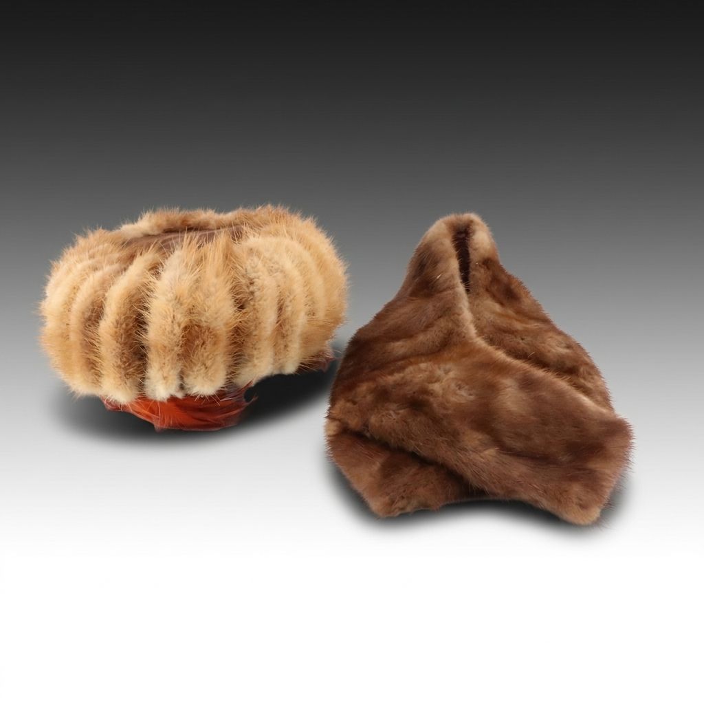 Mink Paw Fur/Feather Pillbox Hat and Mink Fur Collar, Mid-20th Century