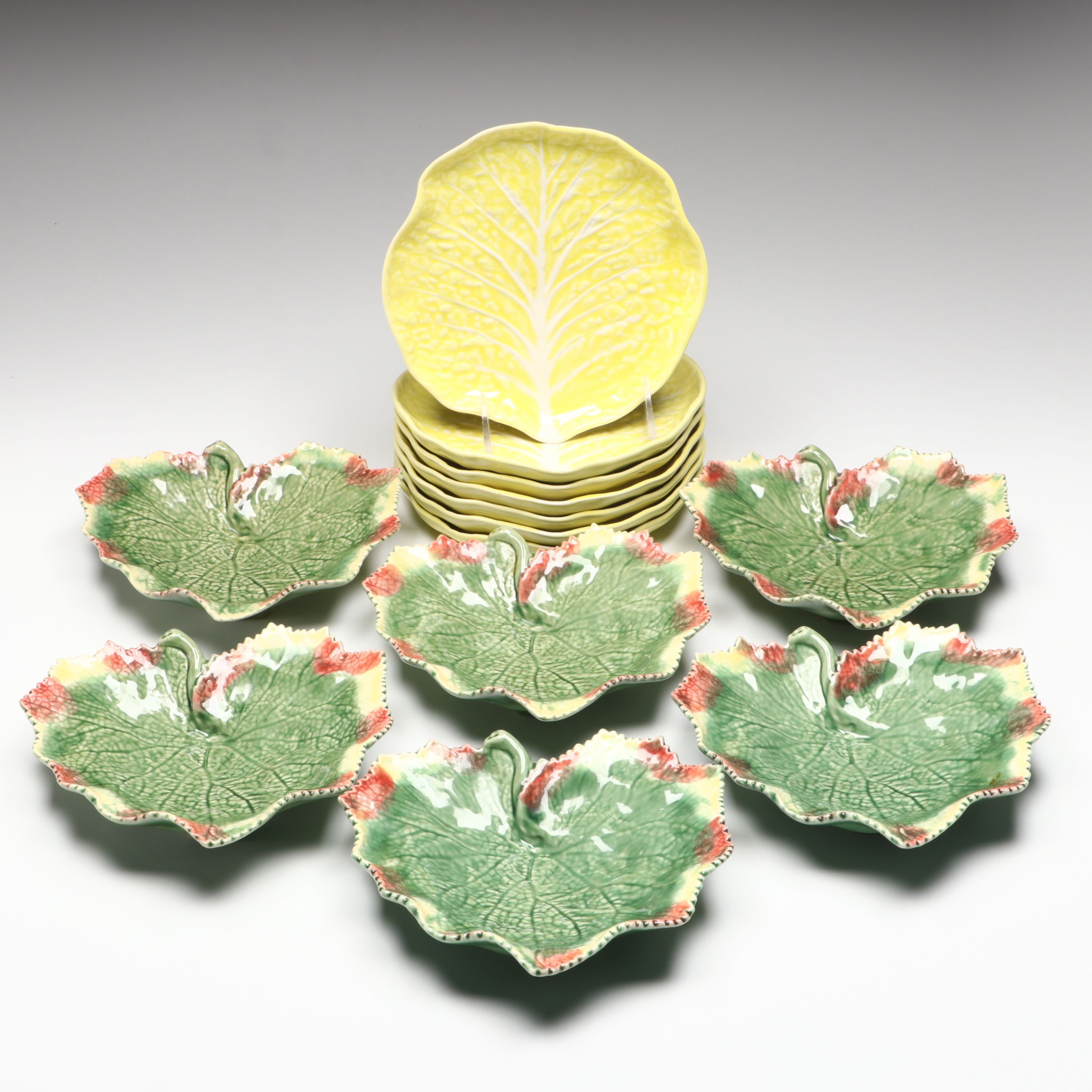 Bordallo Pinheiro and Secla Majolica Hand-Painted Leaf Plates