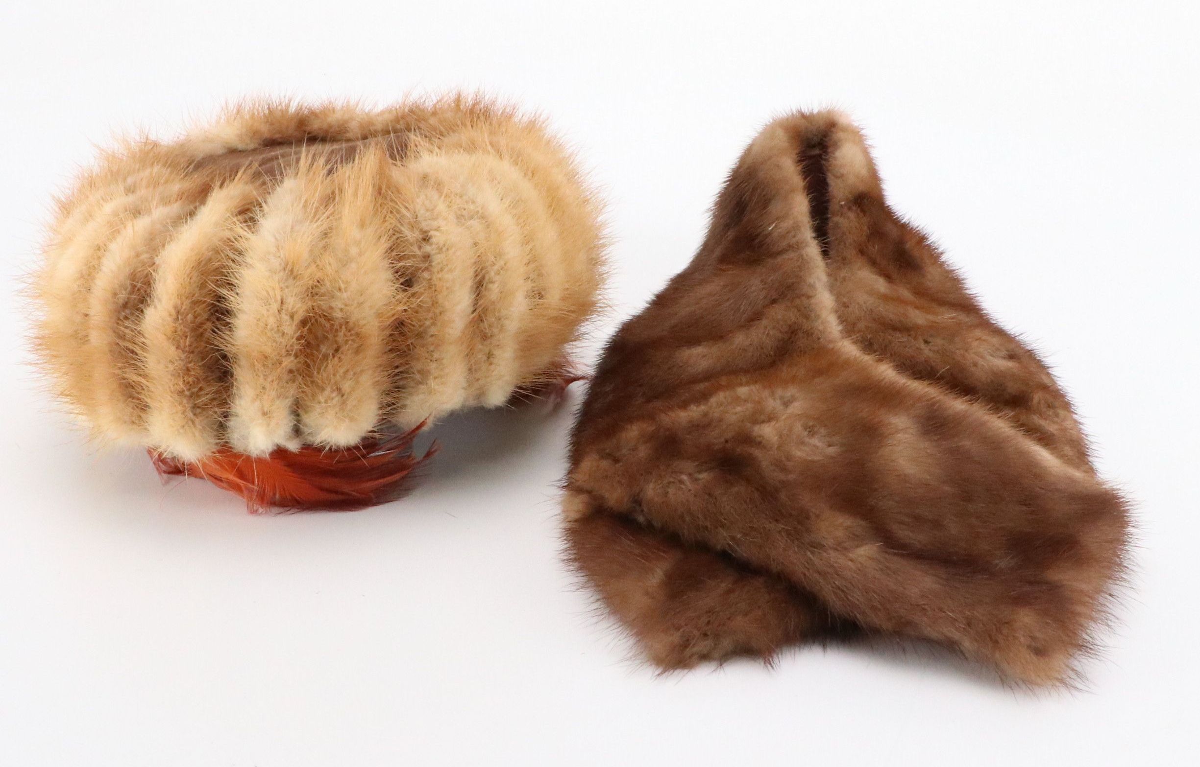 Mink Paw Fur/Feather Pillbox Hat and Mink Fur Collar, Mid-20th Century