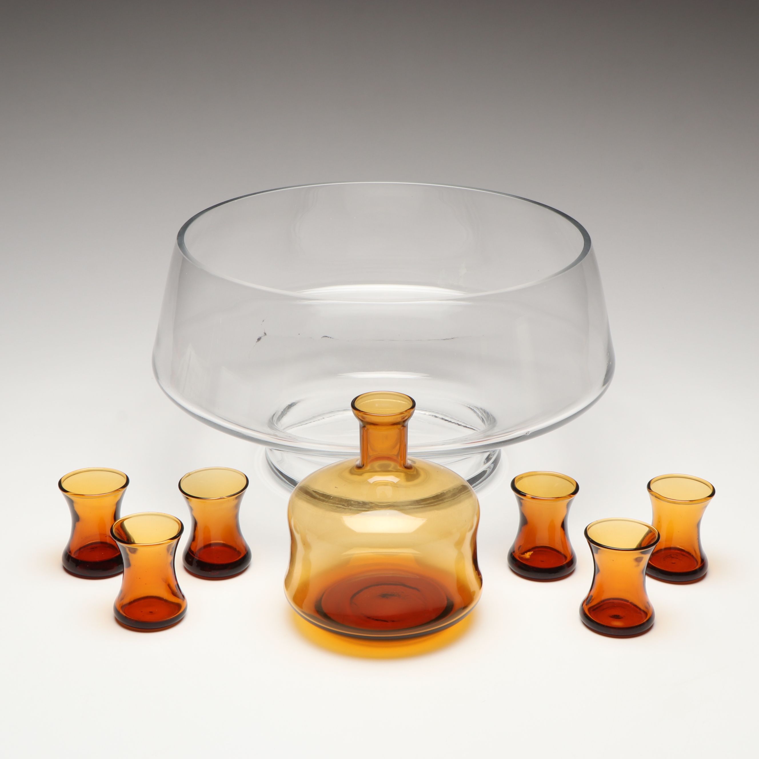 Viski Footed Glass Punch Bowl with Amber Carafe and Cordial Glasses