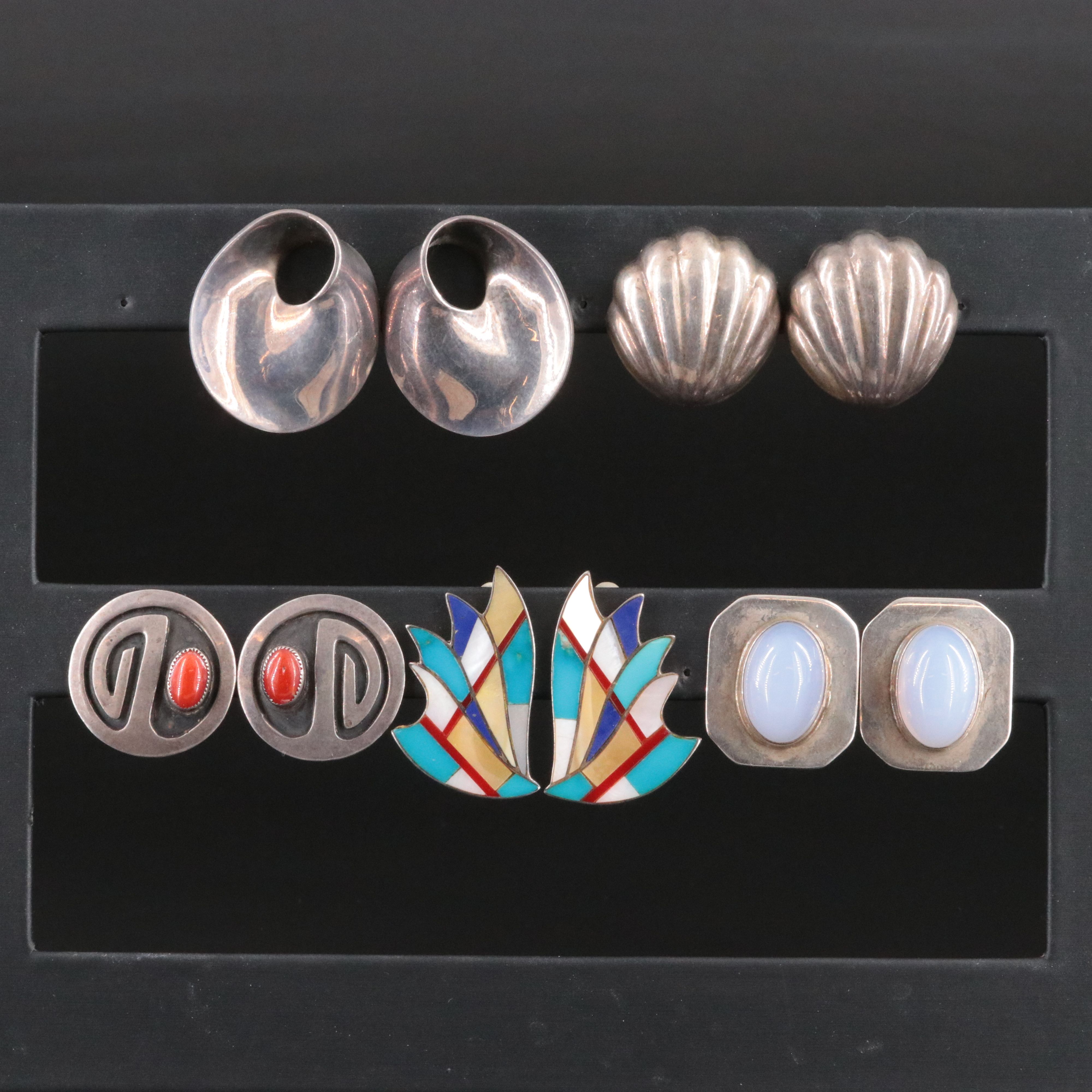 Southwestern Sterling Clip Earrings with Turquoise, Mother-of-pearl and Coral