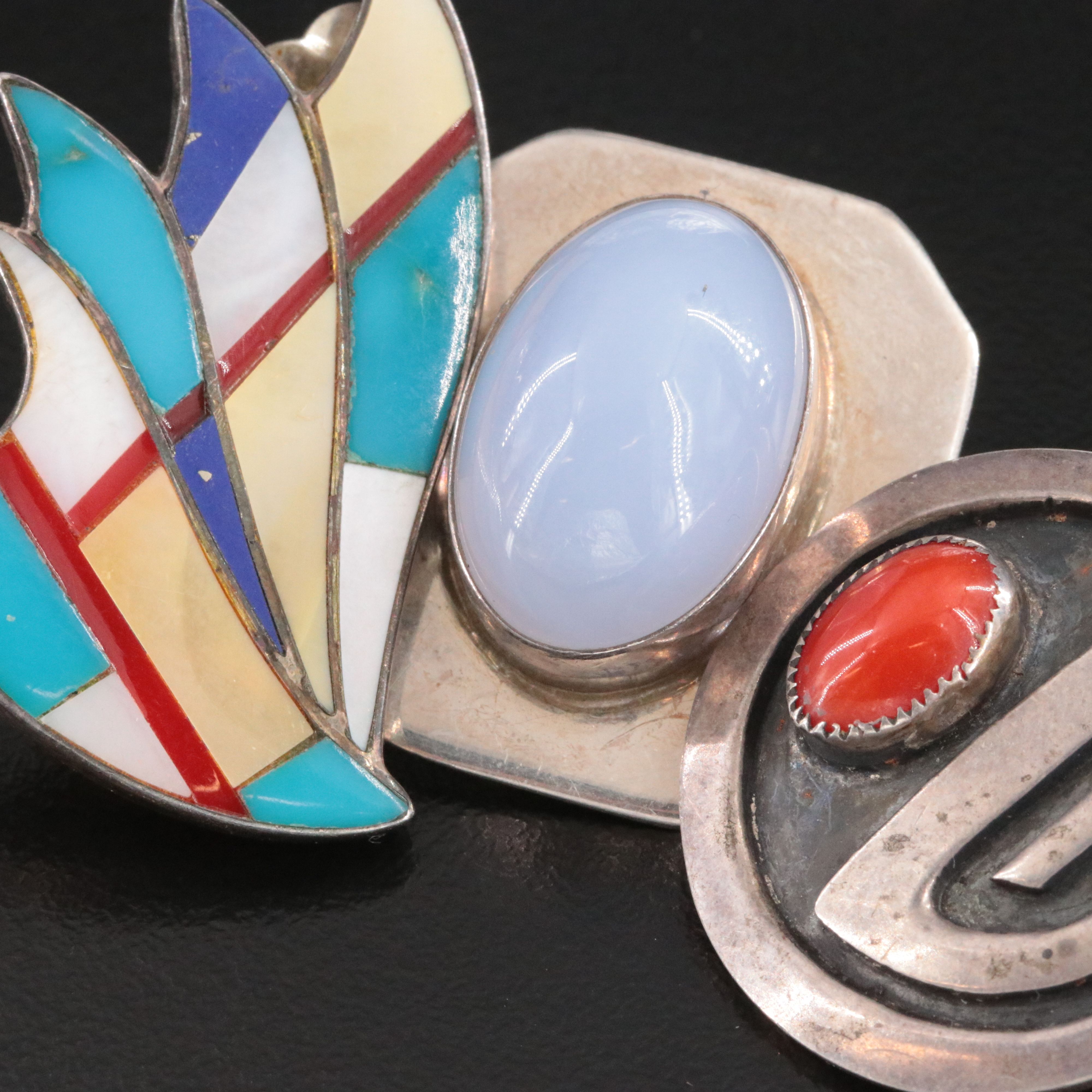 Southwestern Sterling Clip Earrings with Turquoise, Mother-of-pearl and Coral