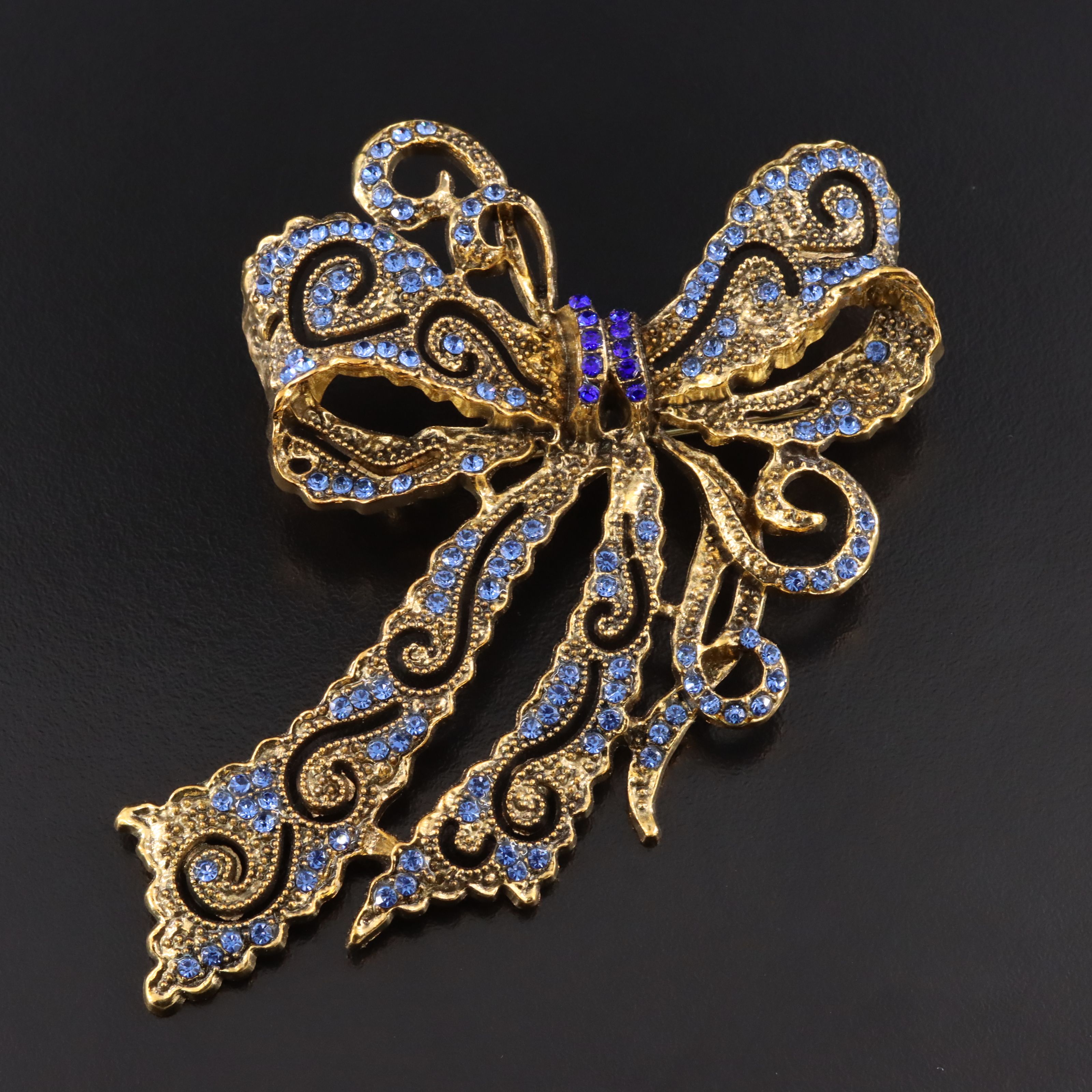 Vintage Blue Rhinestone Bow Brooch