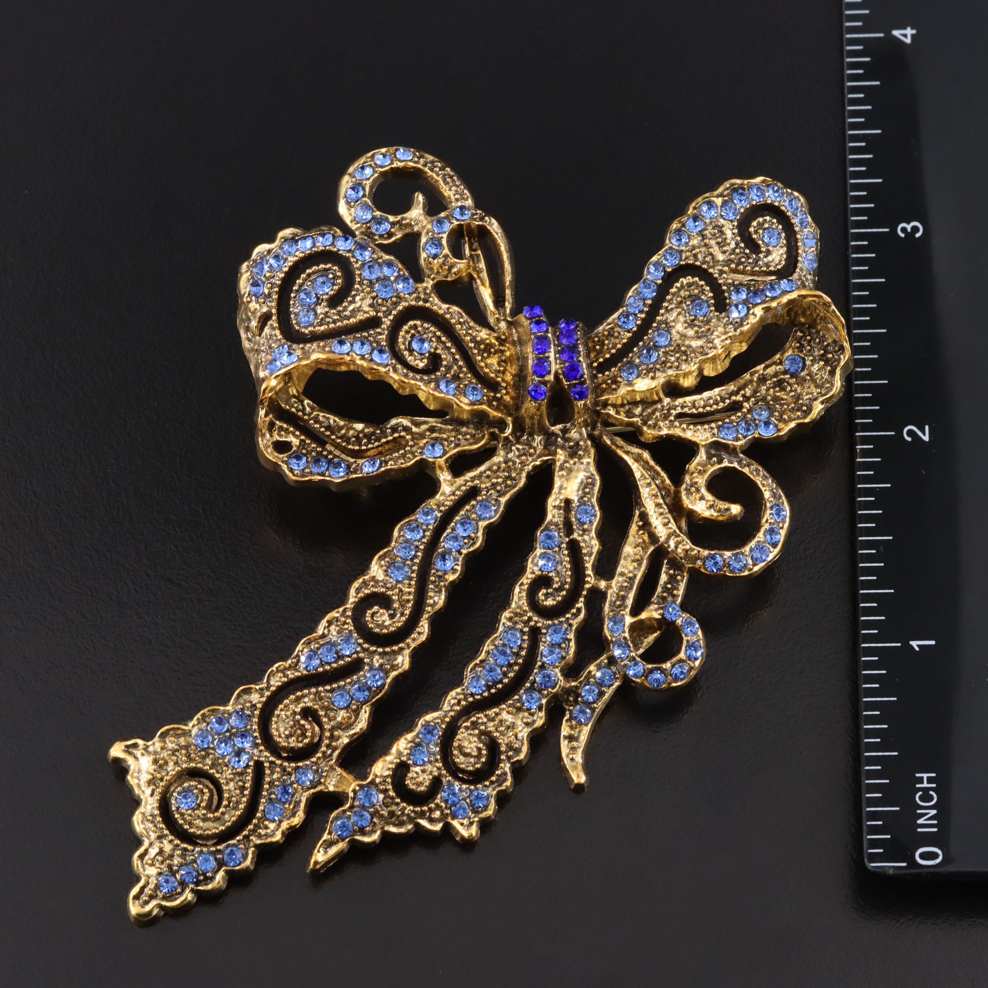 Vintage Blue Rhinestone Bow Brooch