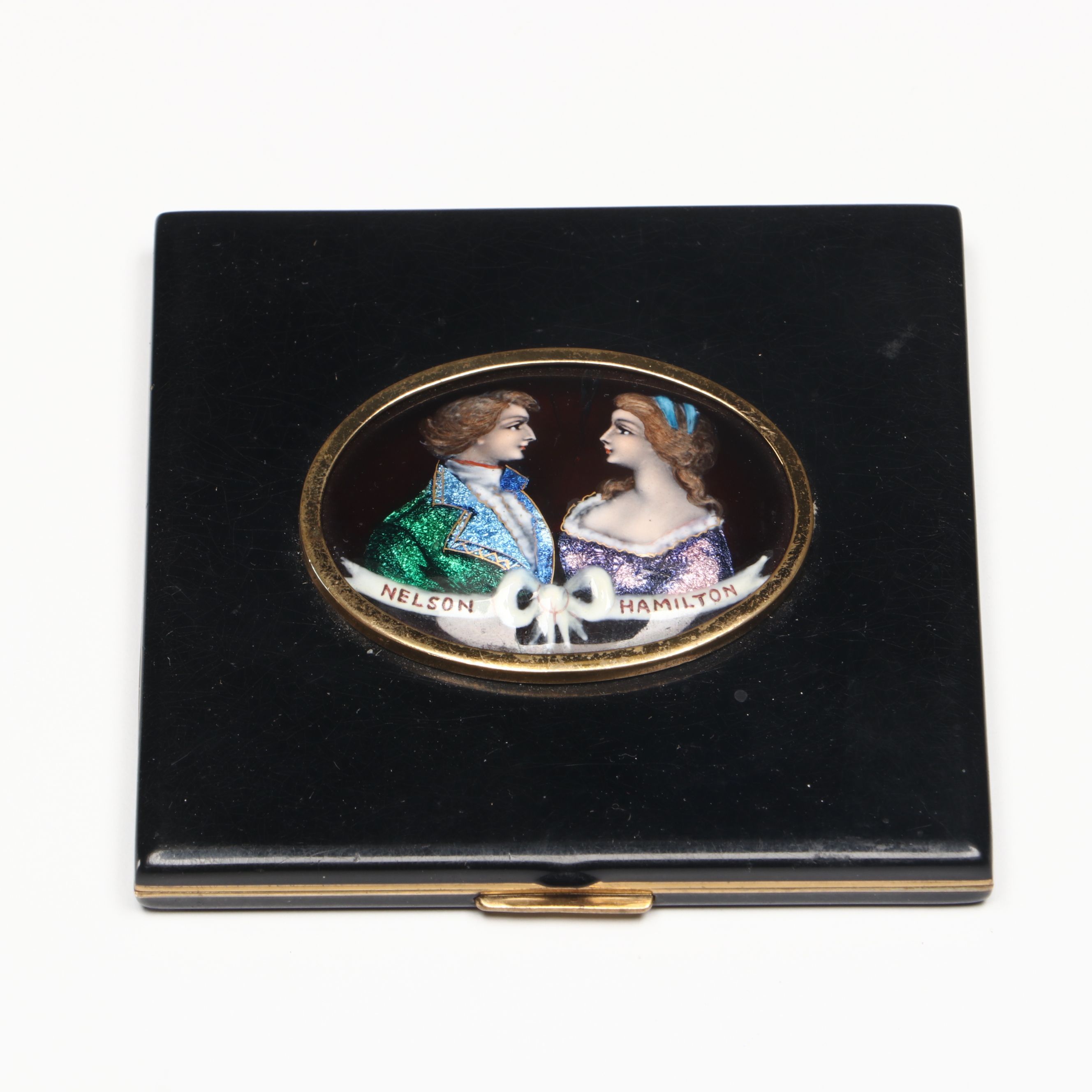 Vintage Enamel and Brass Compact with Pendant of Lord Nelson and Lady Hamilton