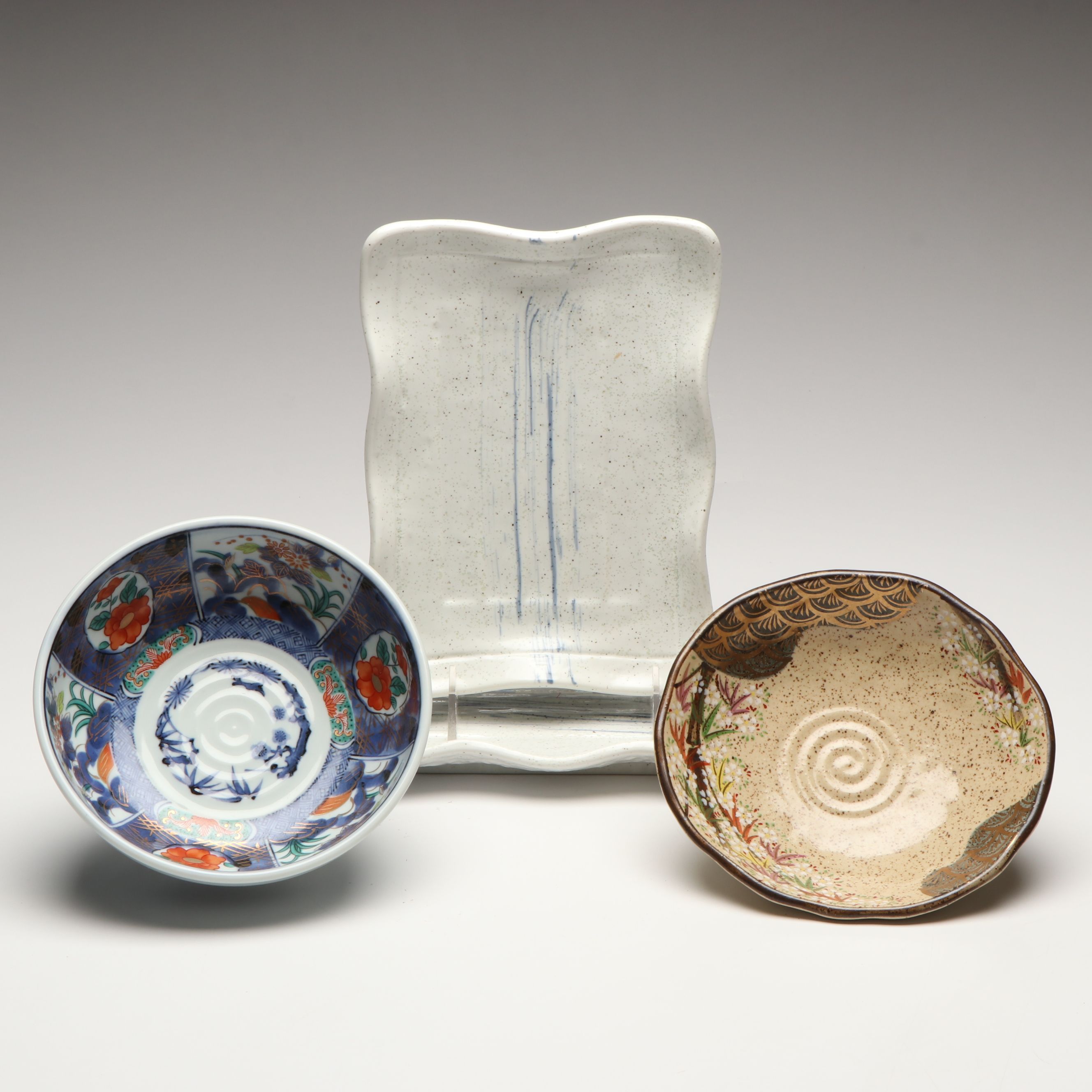 Japanese Satsuma and Imari Style Porcelain Bowls with Other Trays