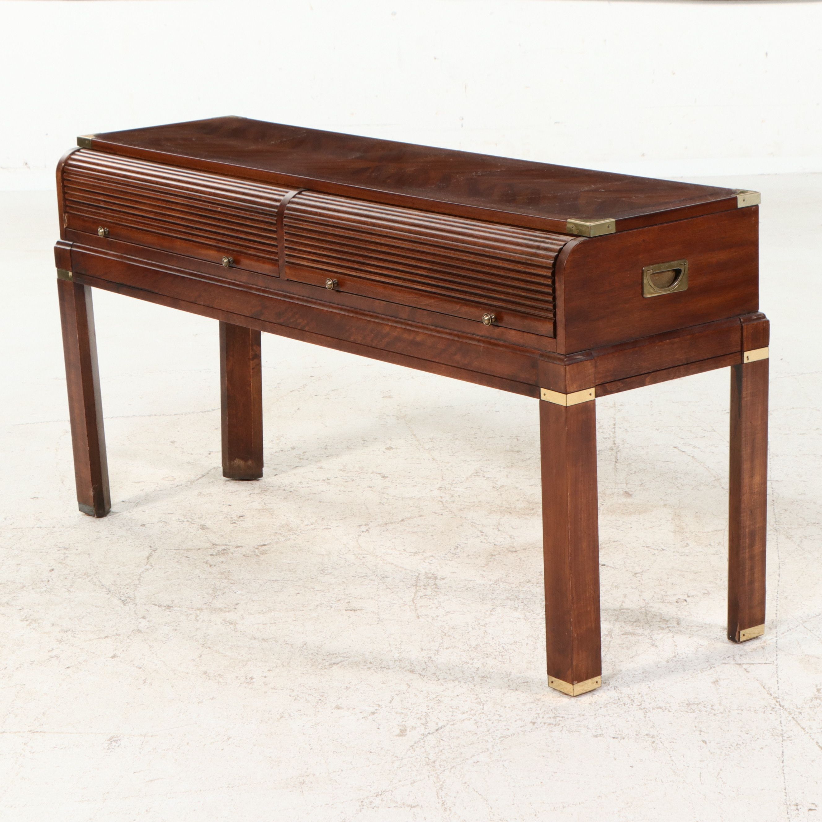Campaign Style Mahogany Console Table with Reeded Tambour Drawer Fronts