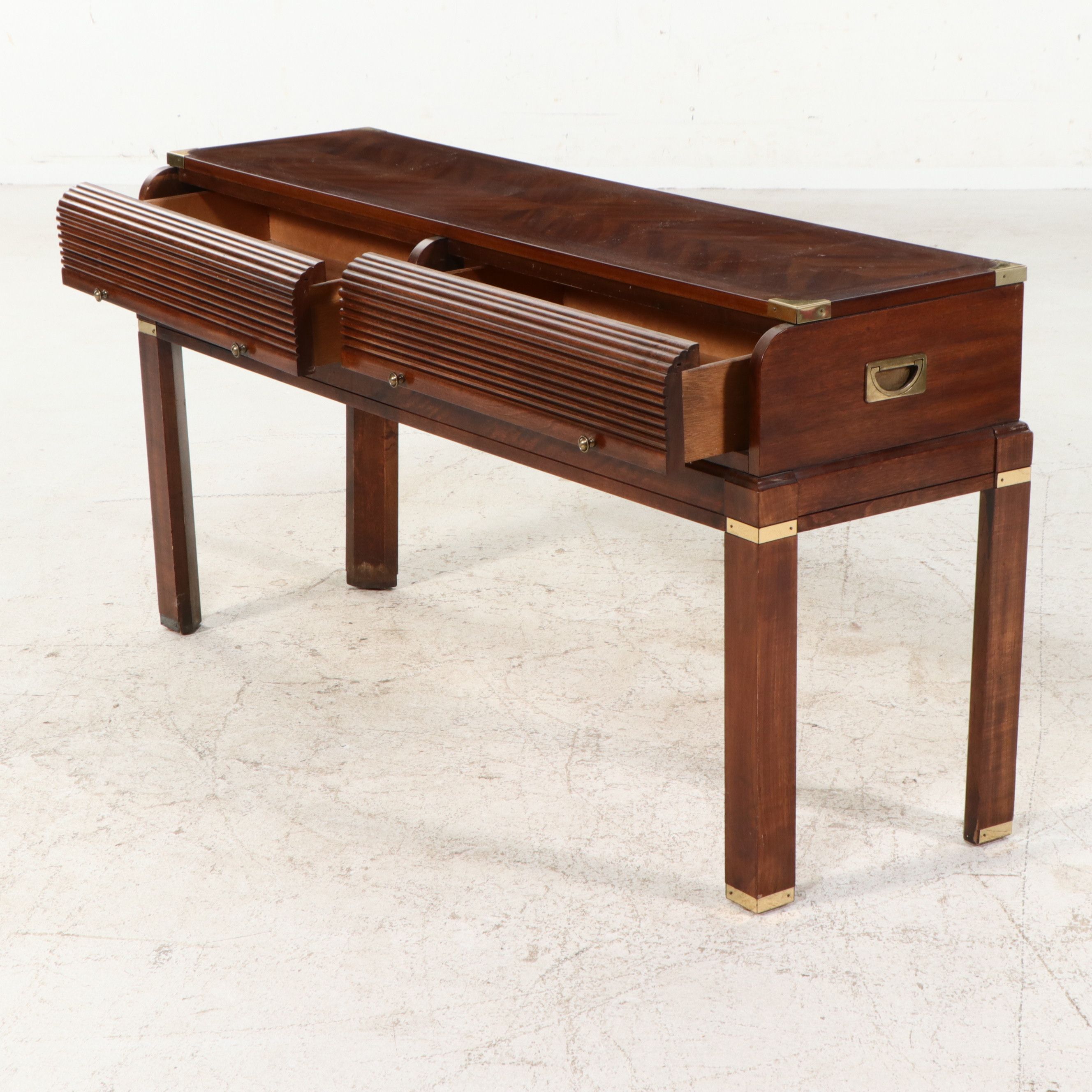 Campaign Style Mahogany Console Table with Reeded Tambour Drawer Fronts