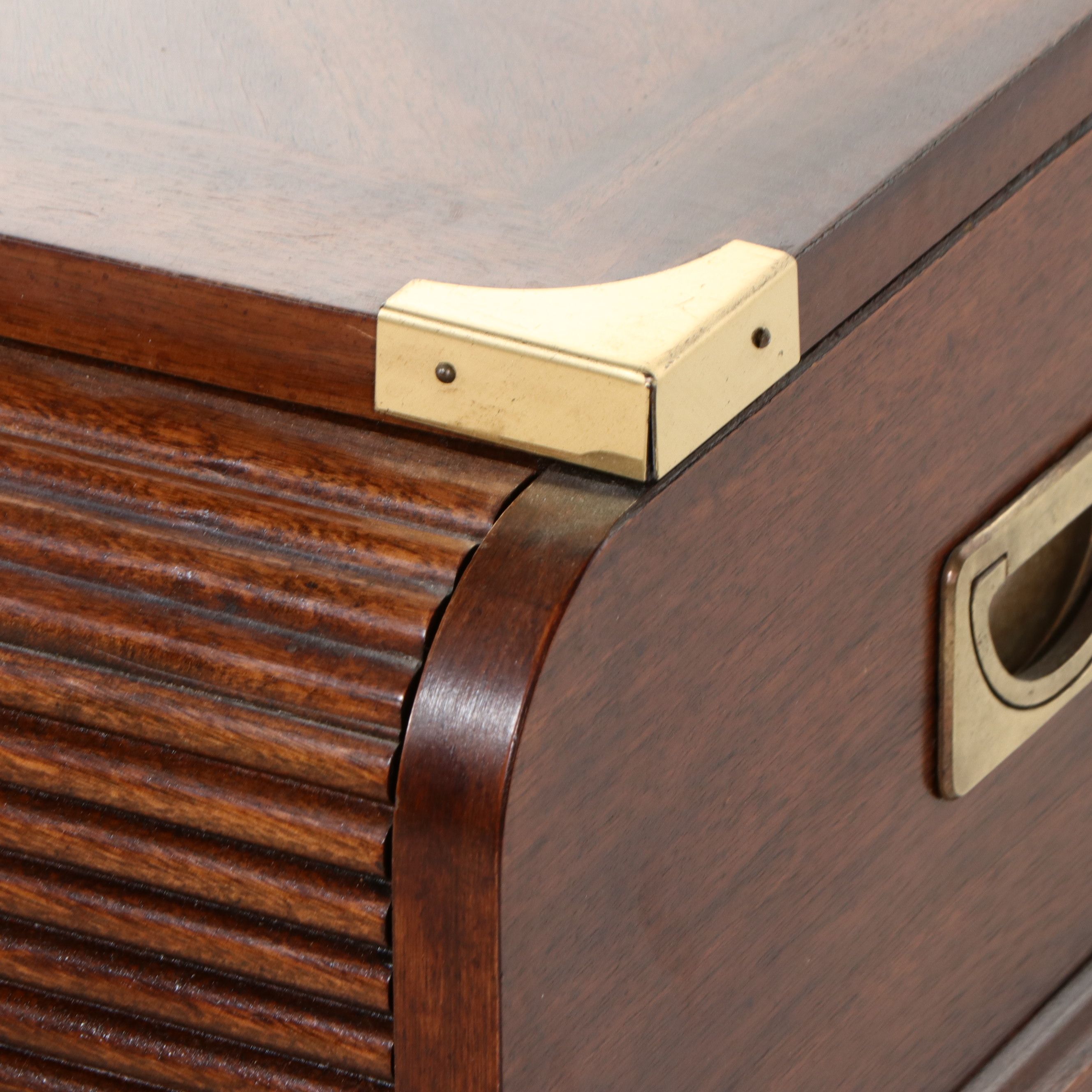Campaign Style Mahogany Console Table with Reeded Tambour Drawer Fronts