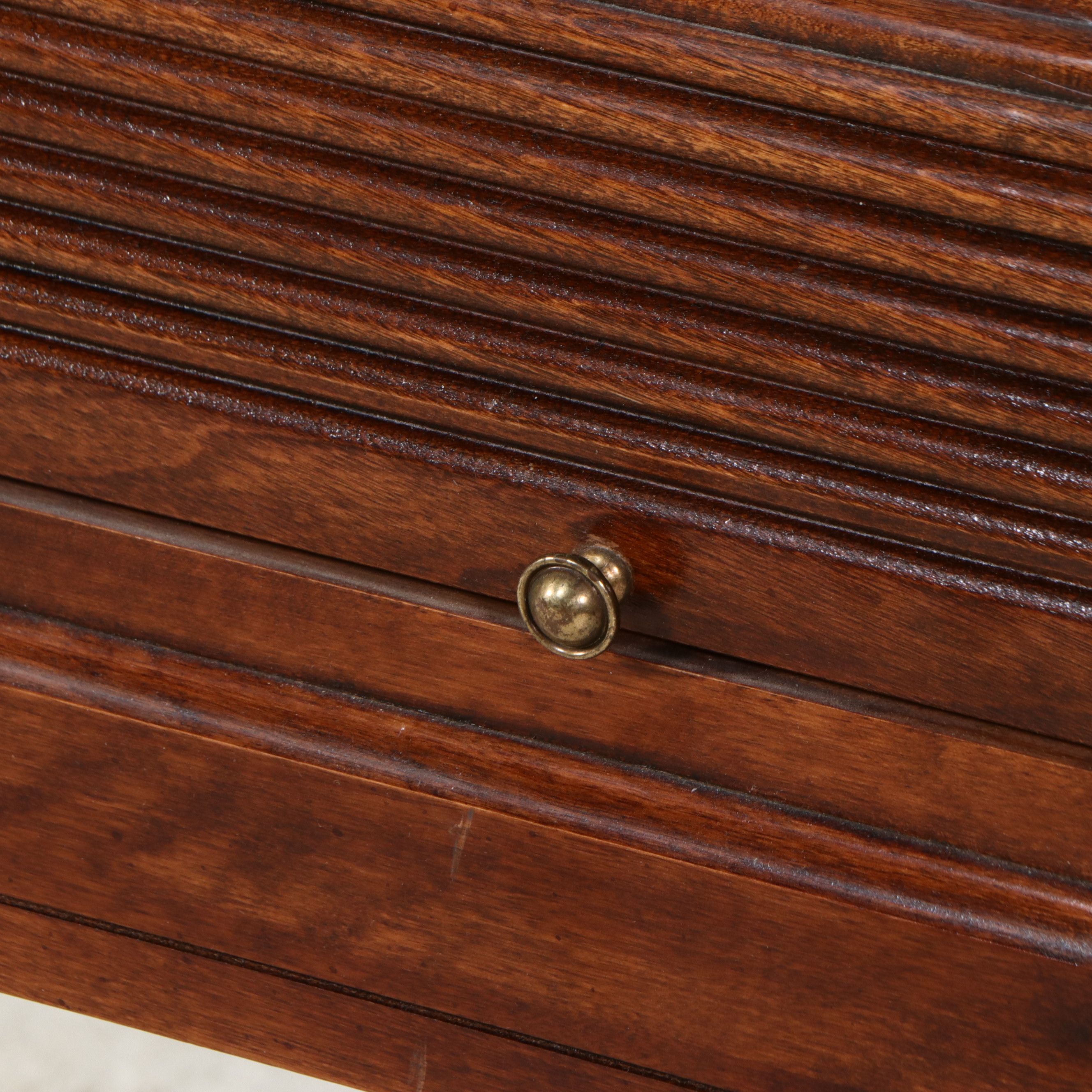 Campaign Style Mahogany Console Table with Reeded Tambour Drawer Fronts