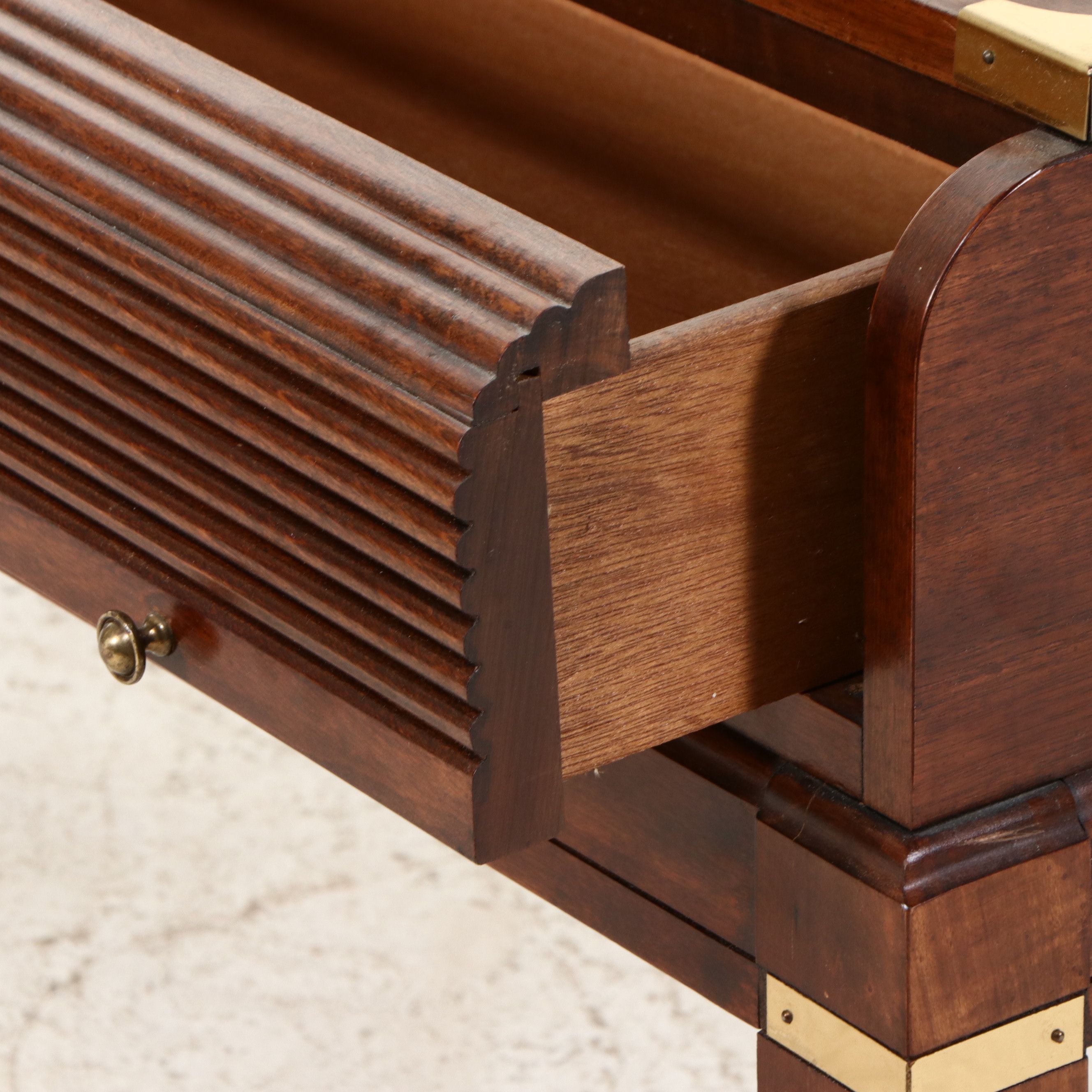 Campaign Style Mahogany Console Table with Reeded Tambour Drawer Fronts