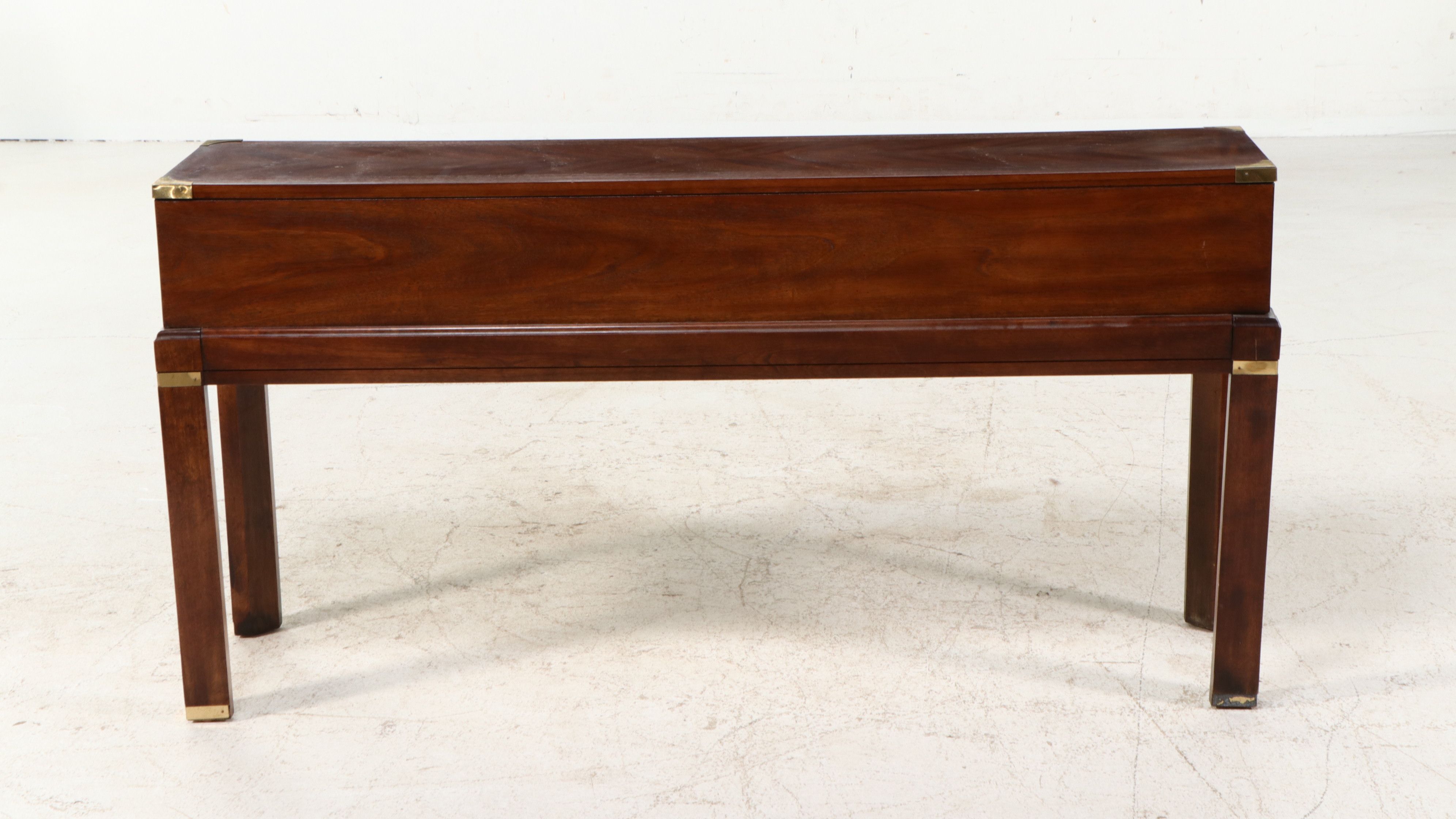 Campaign Style Mahogany Console Table with Reeded Tambour Drawer Fronts