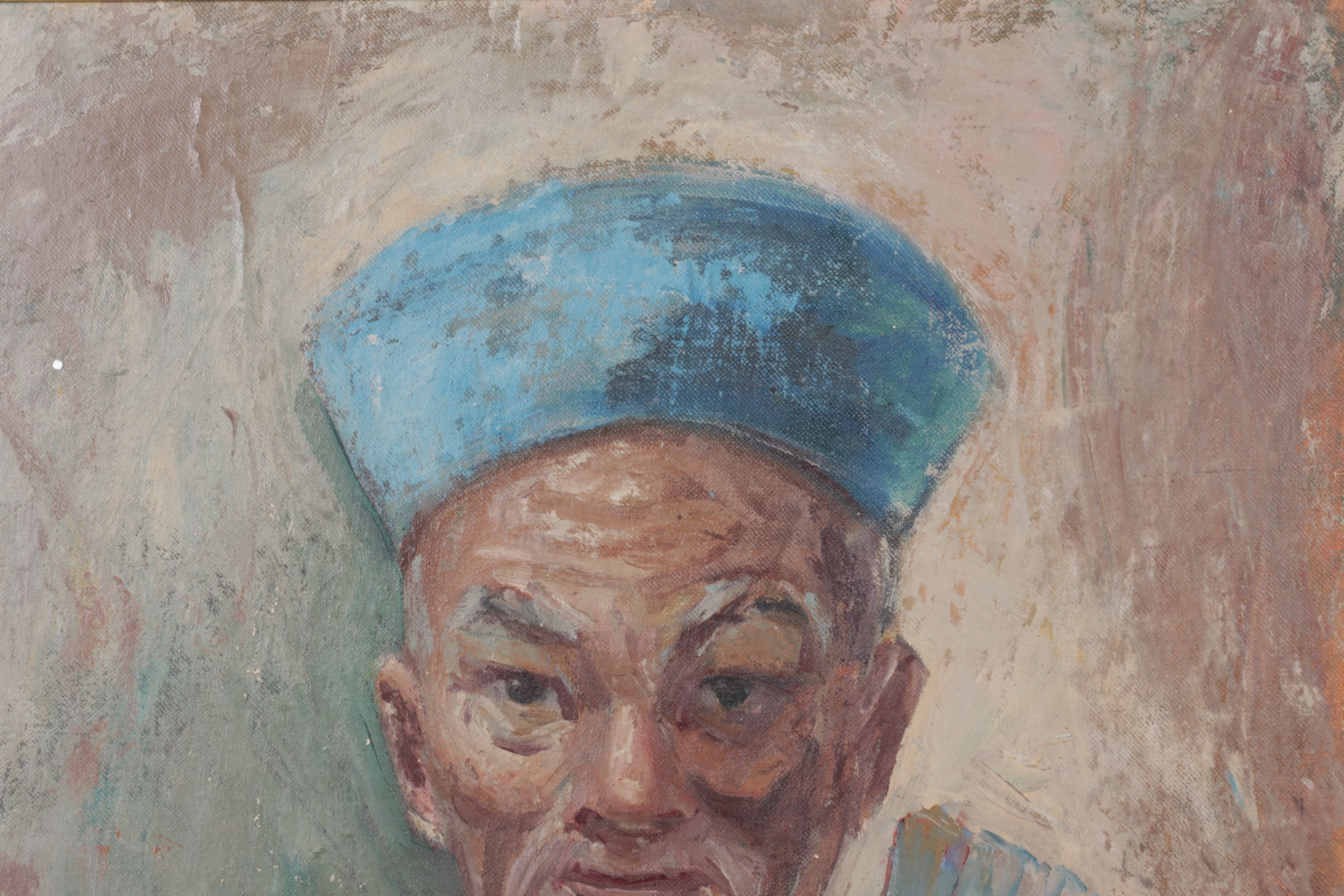 J. A. Dufes Portrait Acrylic Painting of Elder in Traditional Clothes, 1955