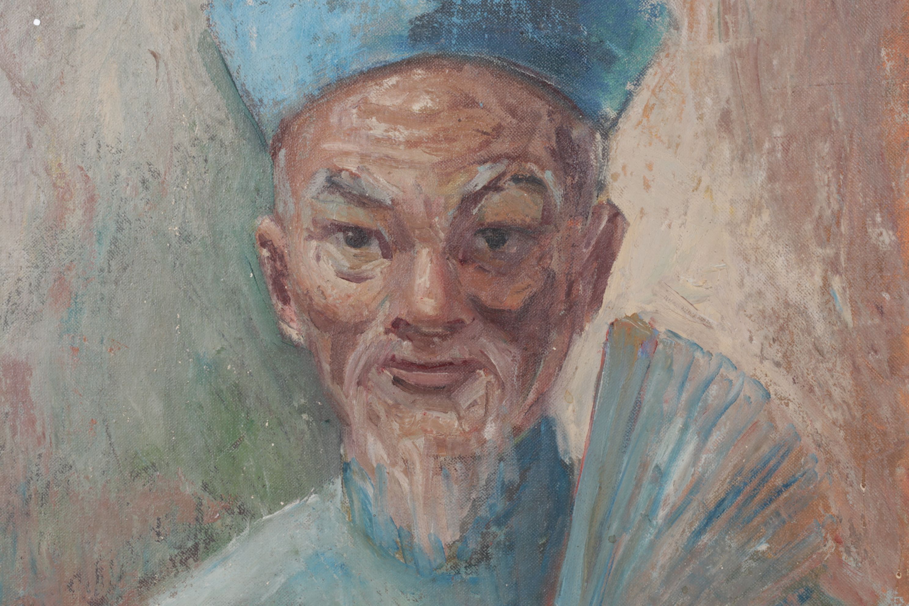 J. A. Dufes Portrait Acrylic Painting of Elder in Traditional Clothes, 1955
