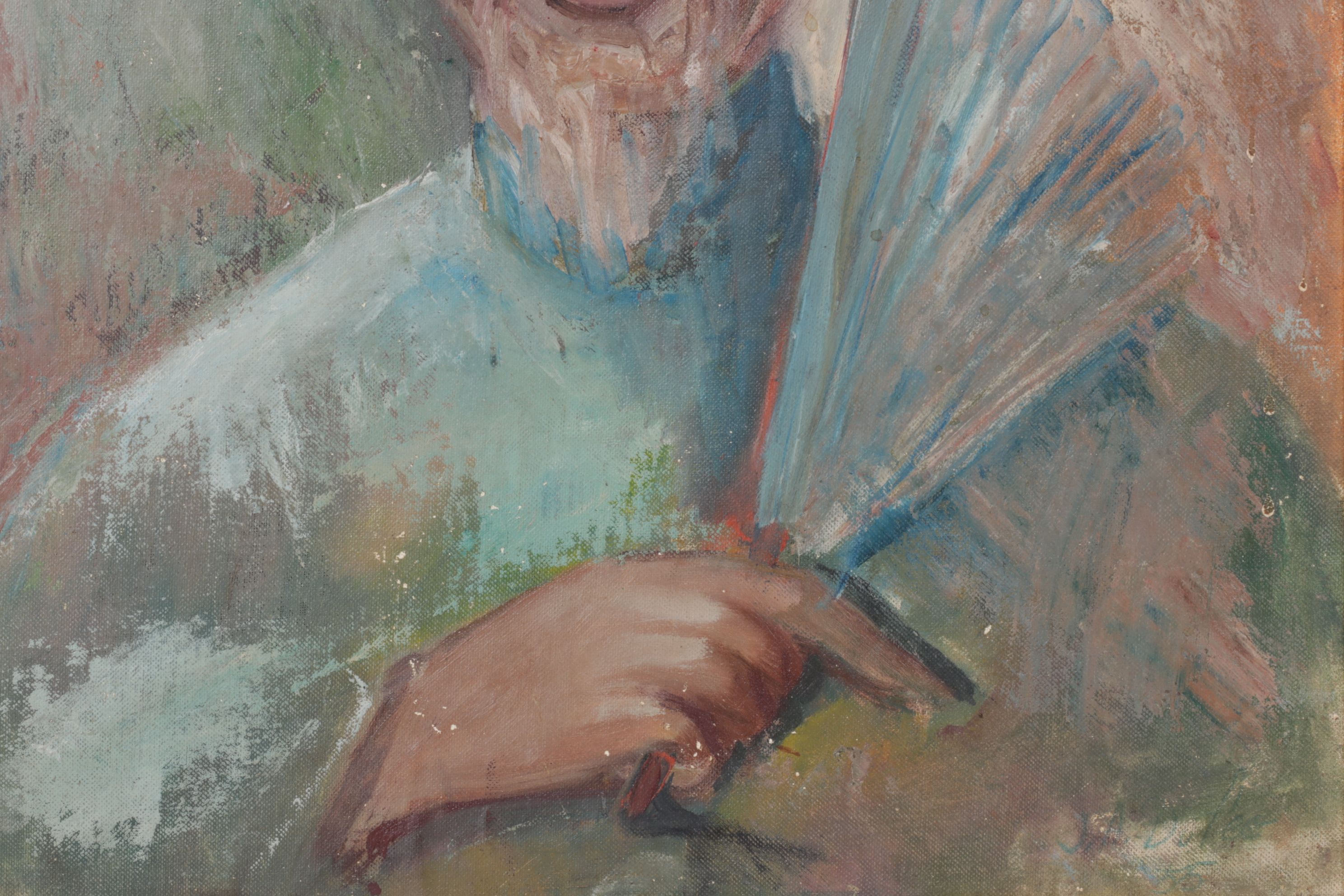 J. A. Dufes Portrait Acrylic Painting of Elder in Traditional Clothes, 1955