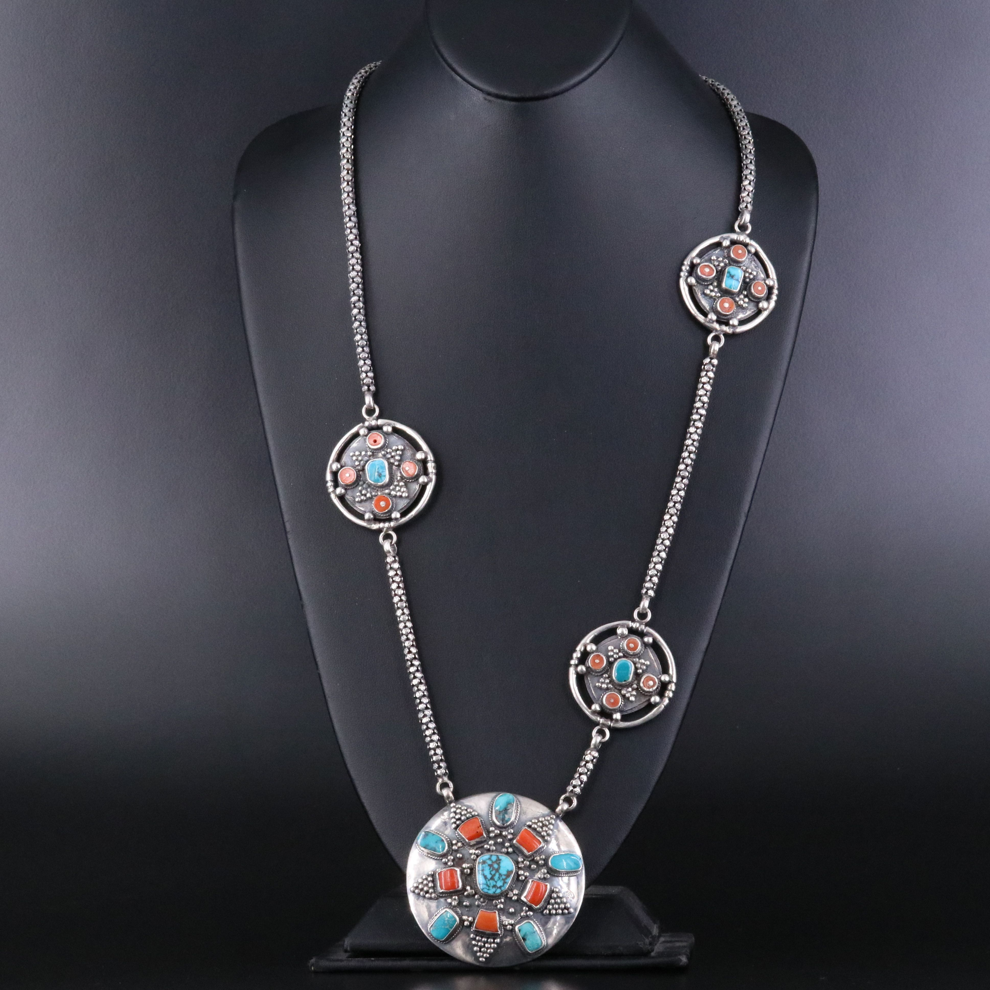 Tibetan Style Sterling Coral and Turquoise Station Necklace