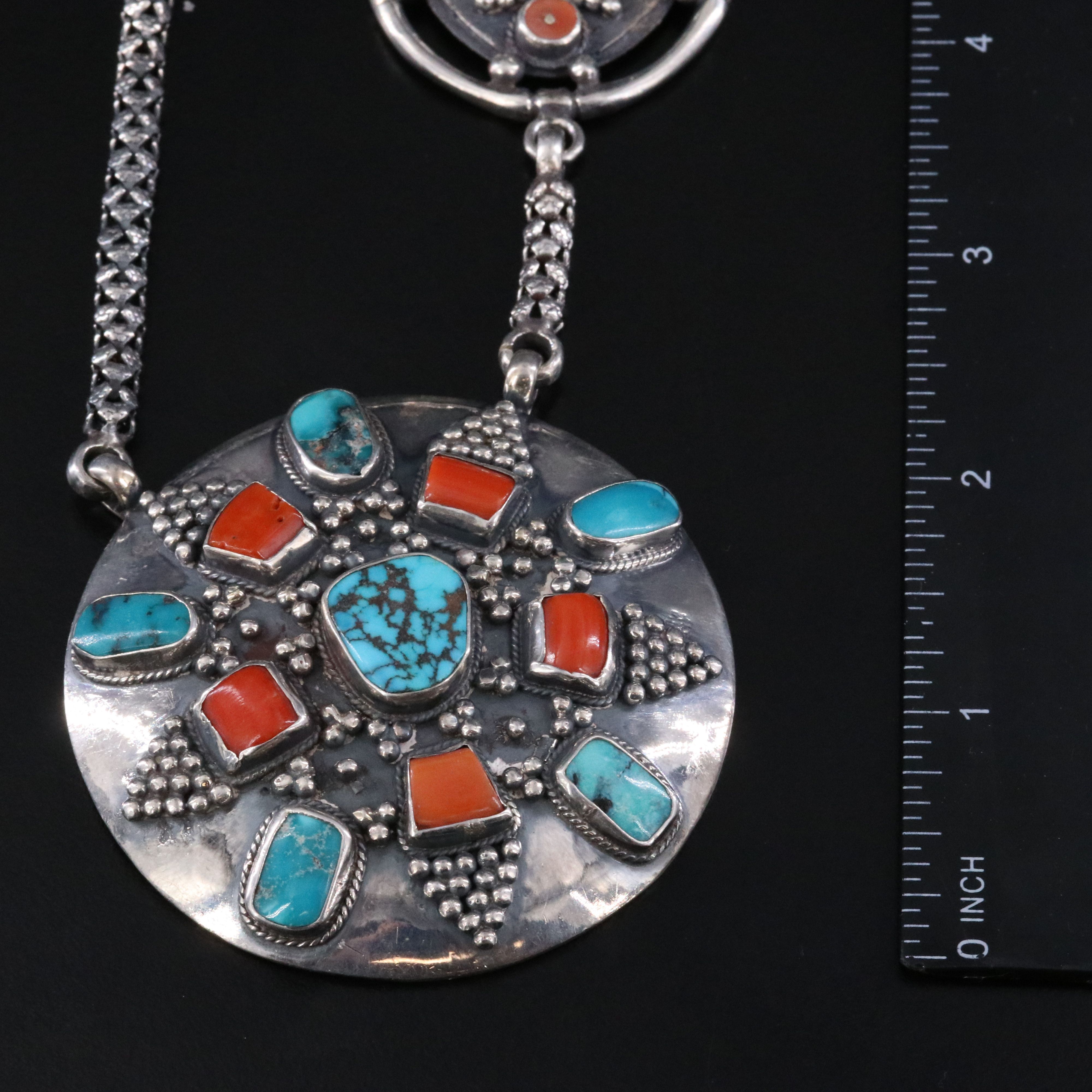 Tibetan Style Sterling Coral and Turquoise Station Necklace