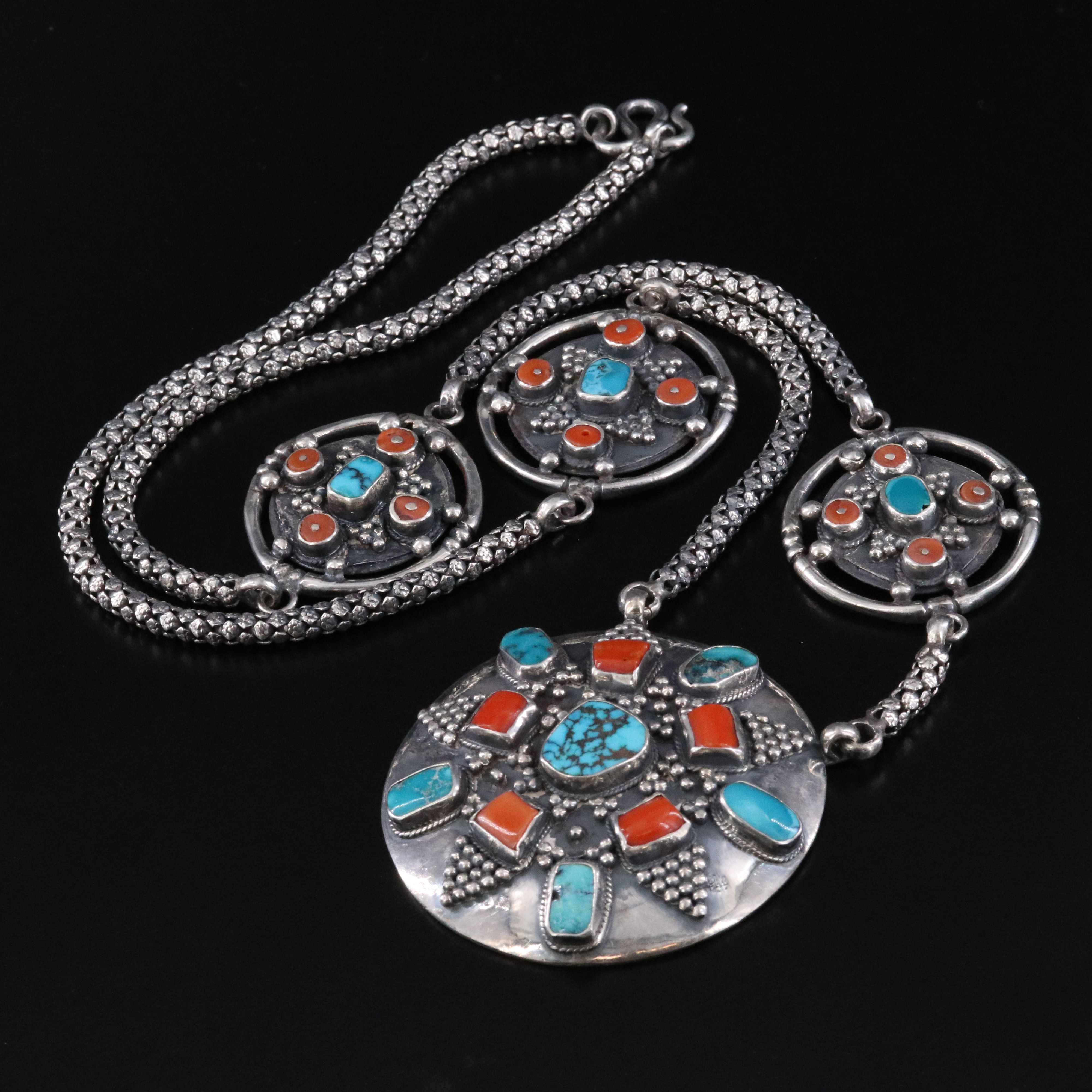 Tibetan Style Sterling Coral and Turquoise Station Necklace