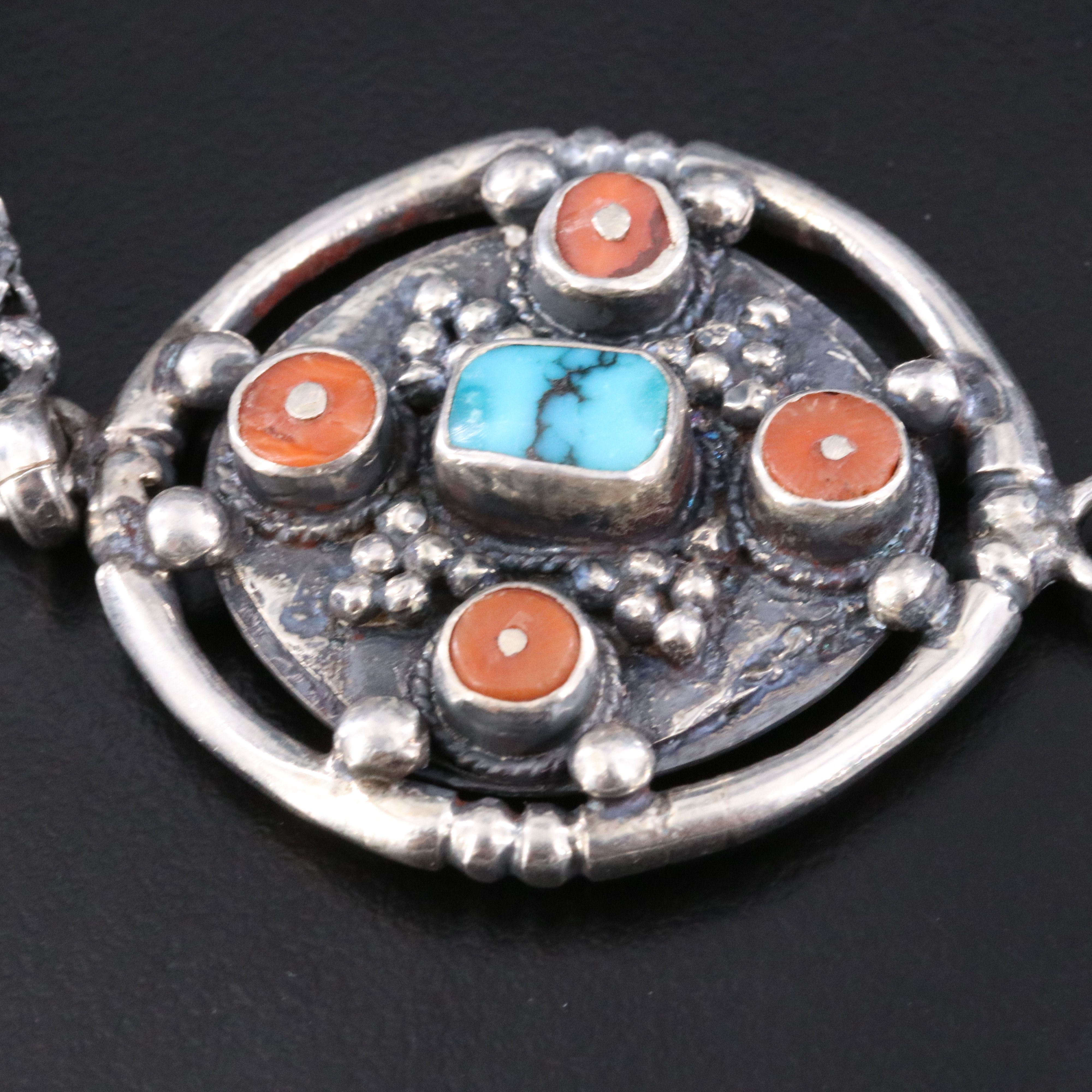 Tibetan Style Sterling Coral and Turquoise Station Necklace
