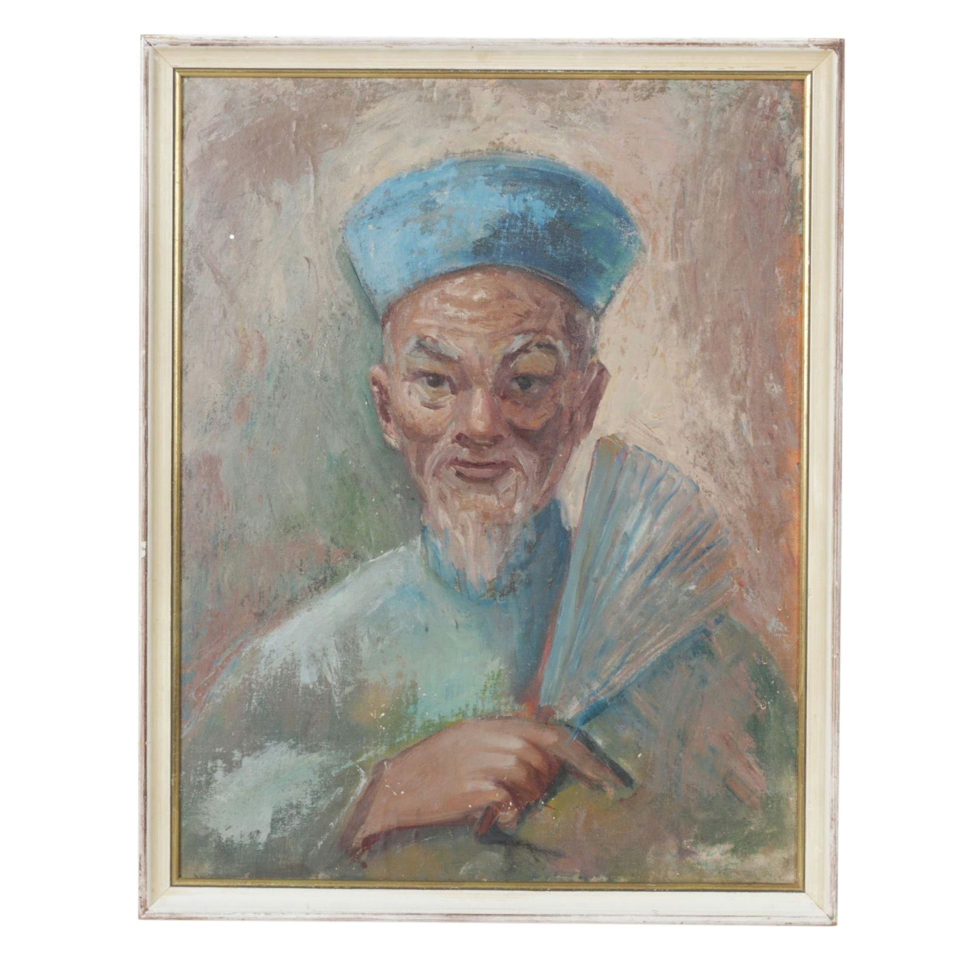 J. A. Dufes Portrait Acrylic Painting of Elder in Traditional Clothes, 1955