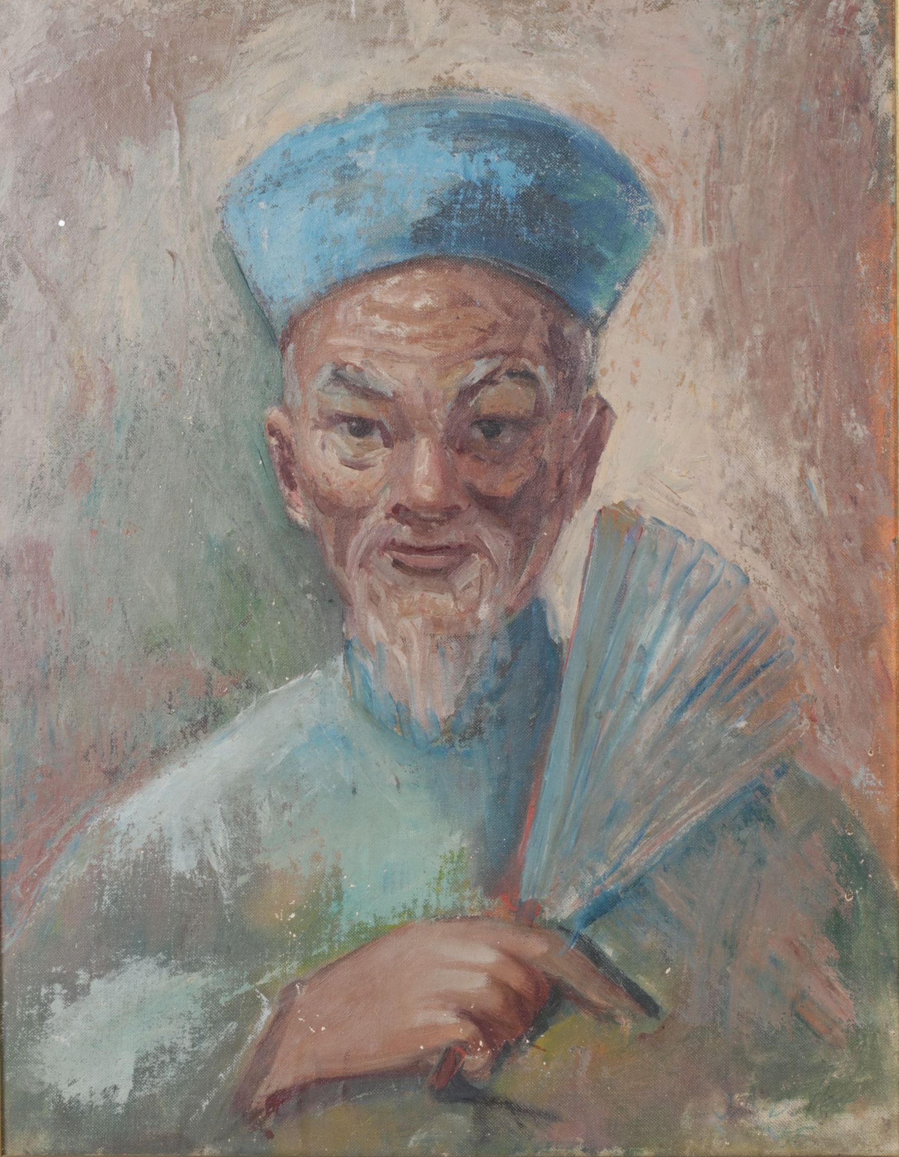 J. A. Dufes Portrait Acrylic Painting of Elder in Traditional Clothes, 1955
