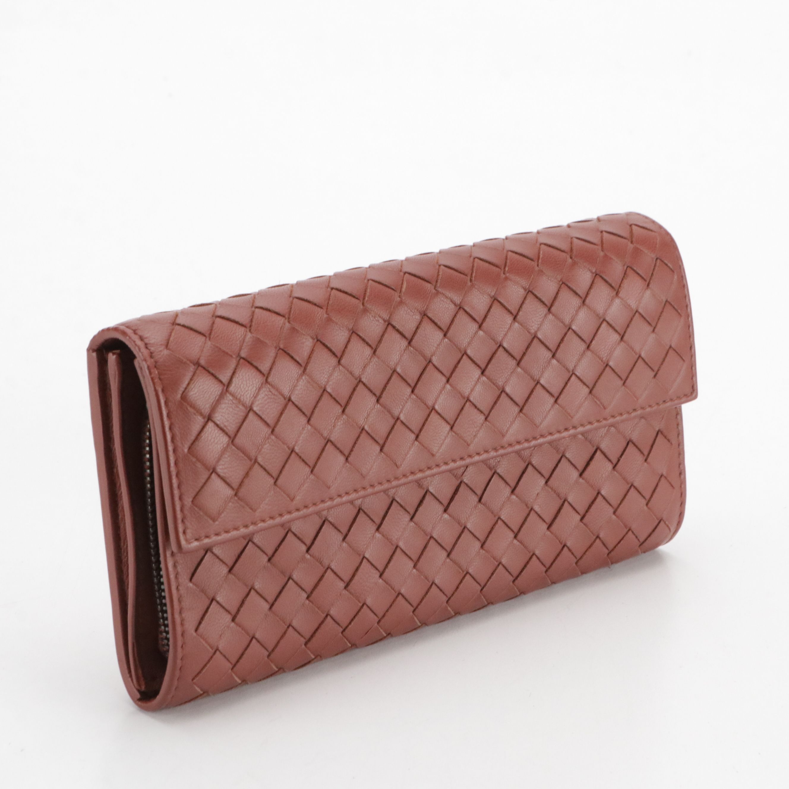 Bottega Veneta Long Flap Wallet in Brick Brown Intrecciato Nappa Leather