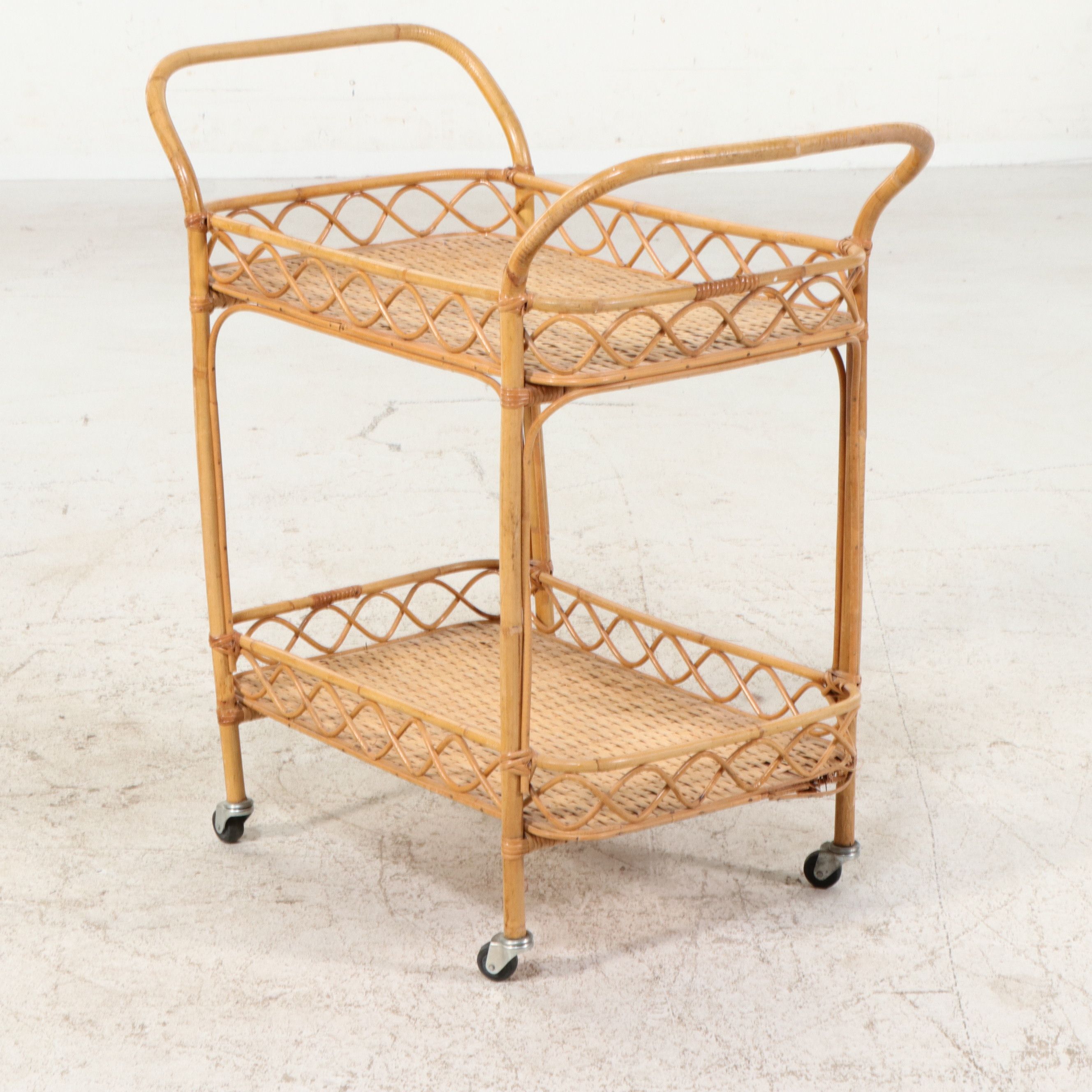 Mid Century Style Bentwood Rattan and Wicker Bar Cart, Mid to Late 20th Century