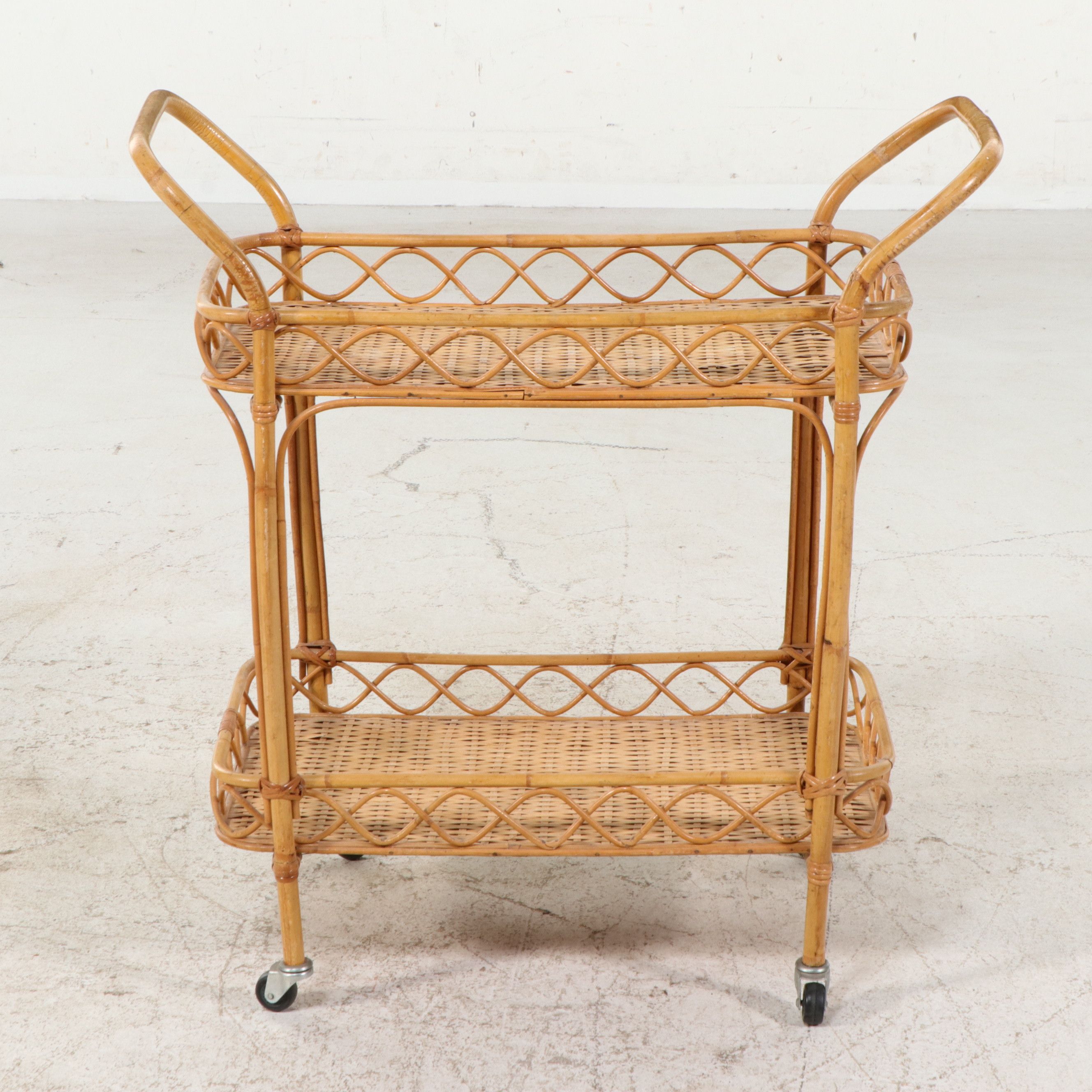 Mid Century Style Bentwood Rattan and Wicker Bar Cart, Mid to Late 20th Century