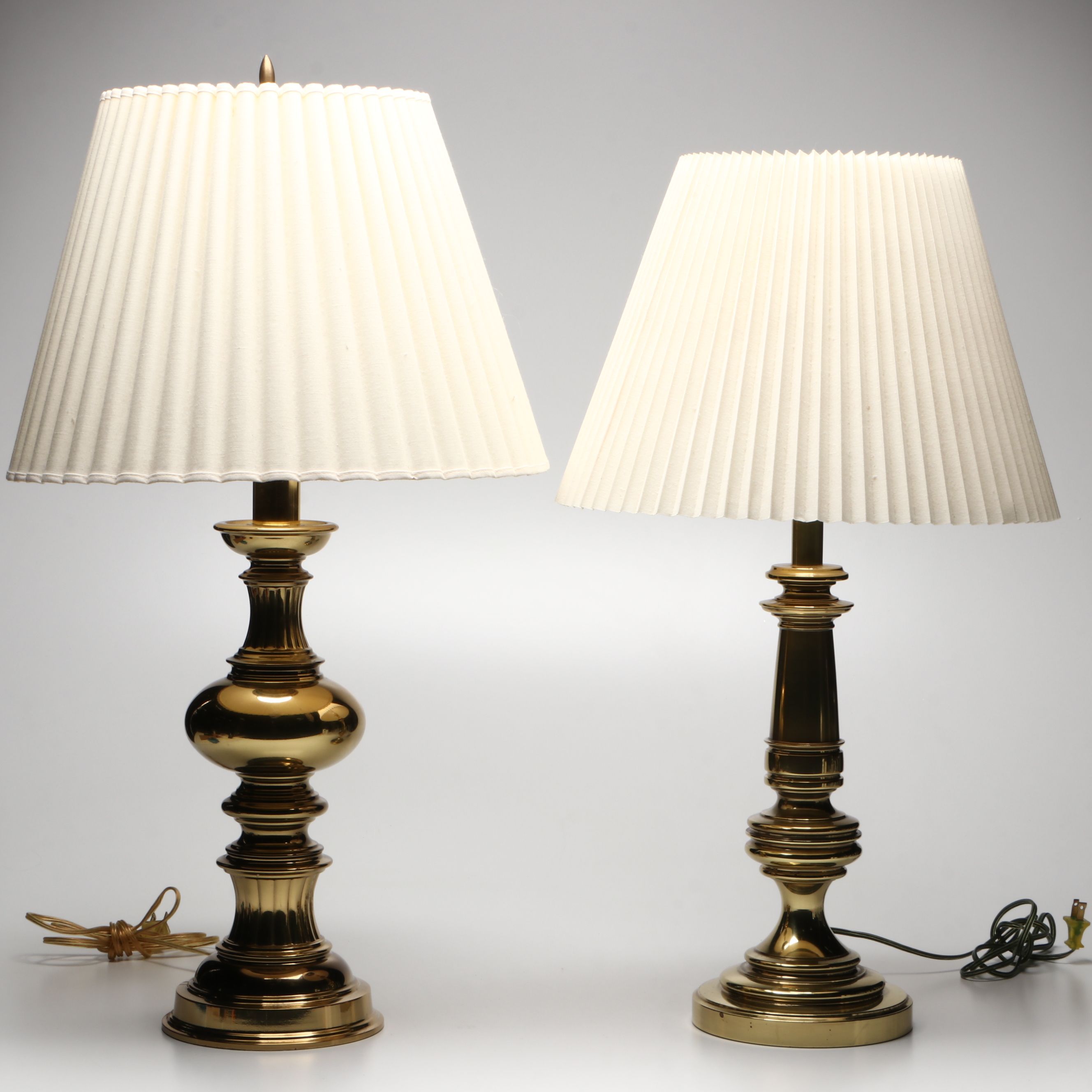 Stiffel Style Turned Brass Finish Table Lamps with Pleated Bell Shades