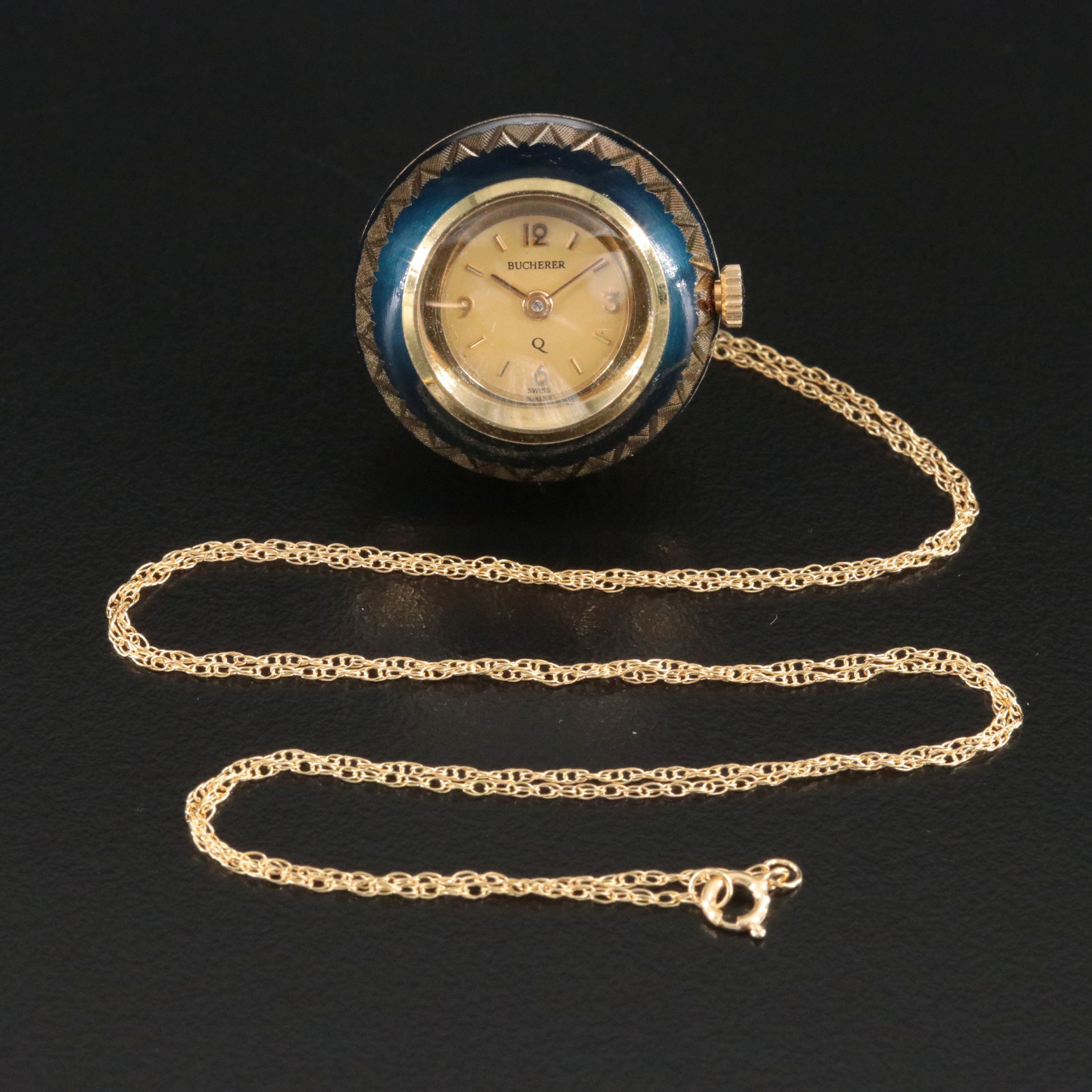 Bucherer Enamel and Gold Tone Orb Quartz Pendant Watch with 14K Chain