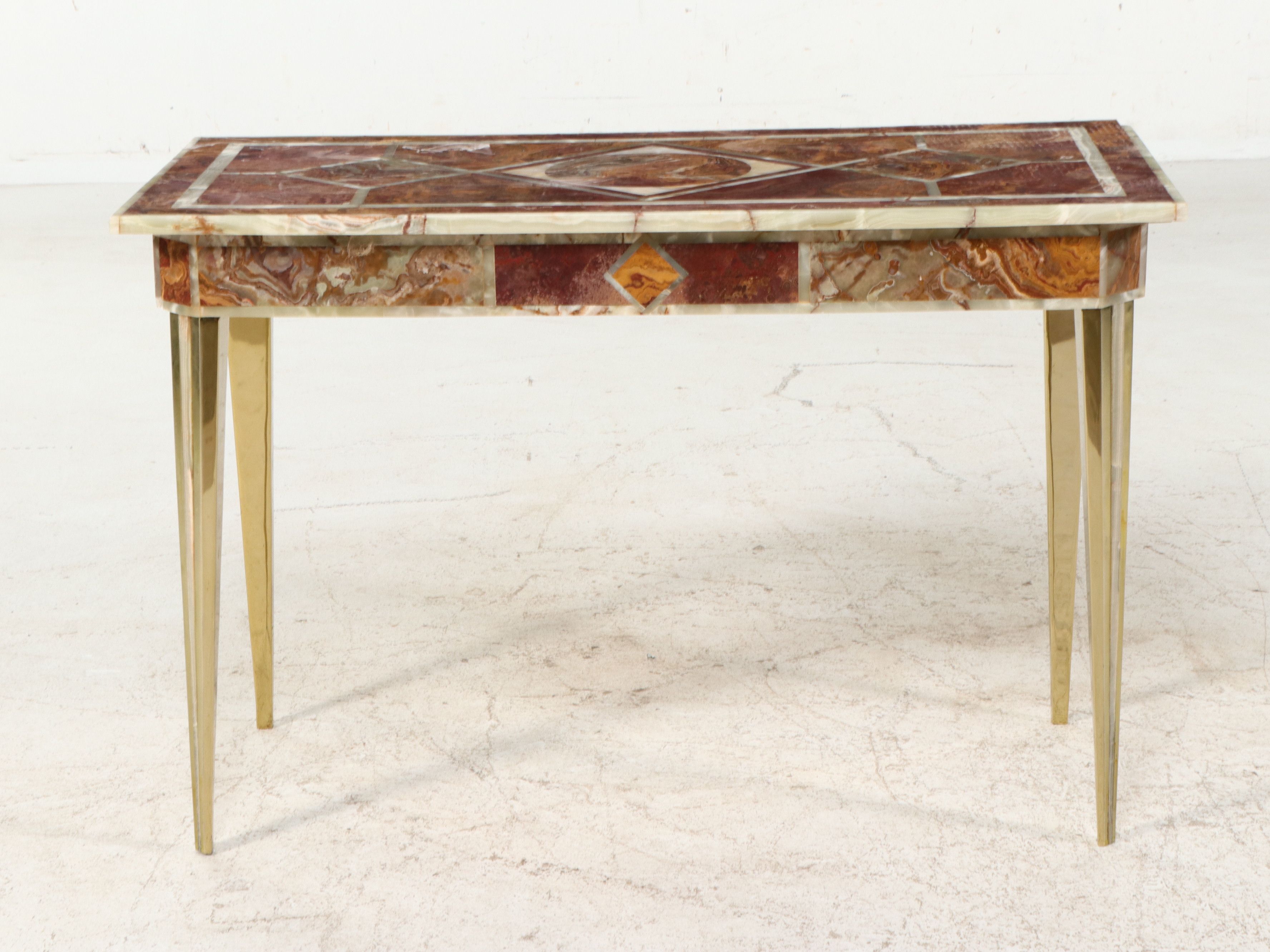 Italian Regency Style Onyx and Jasper Stone Parquetry Console Table, Late 20th C