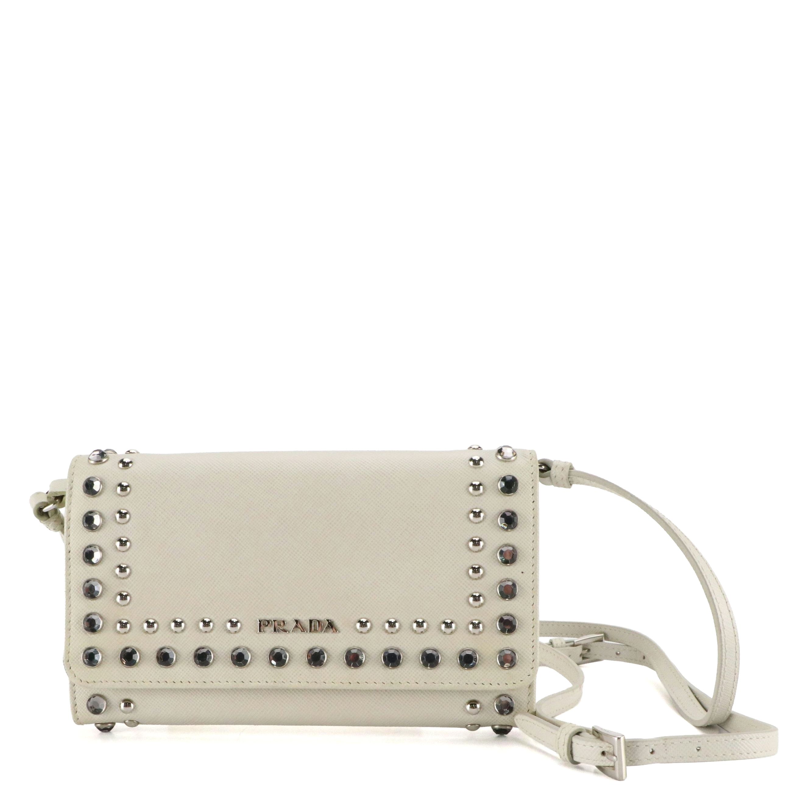 Prada Wallet-On-Chain Crossbody Bag in Studded Off-White Saffiano Leather
