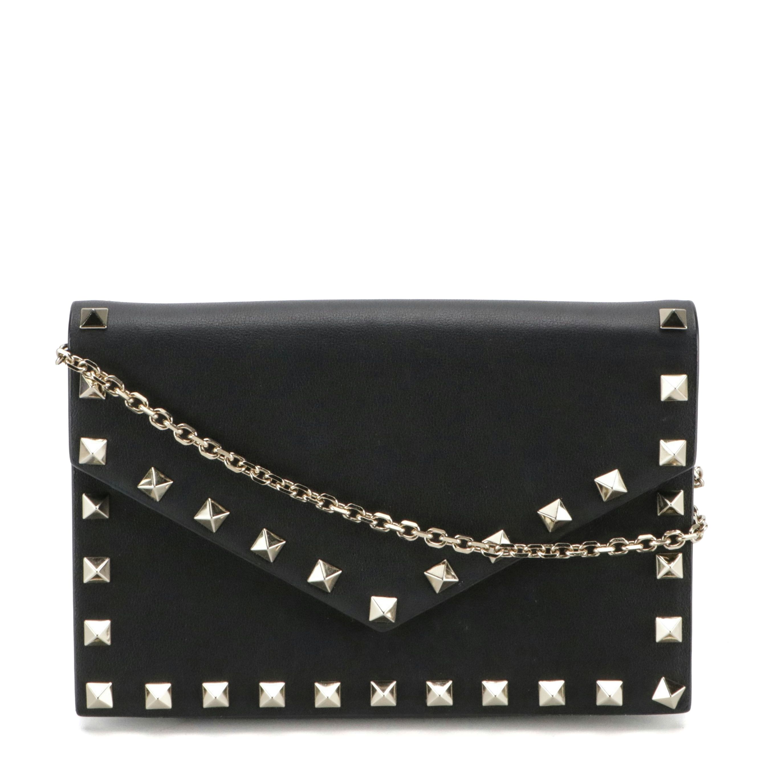 Valentino Rockstud Envelope Flap Wallet-on-Chain Bag in Black Calfskin Leather