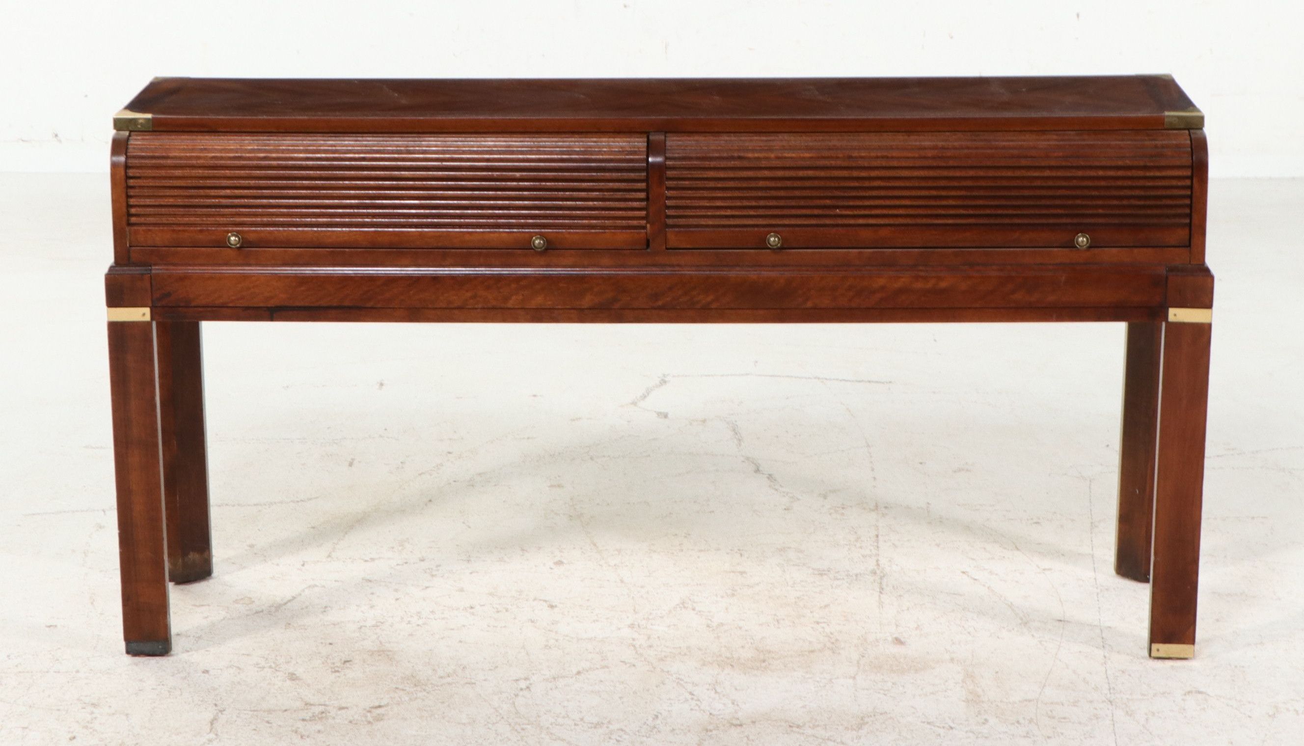 Campaign Style Mahogany Console Table with Reeded Tambour Drawer Fronts