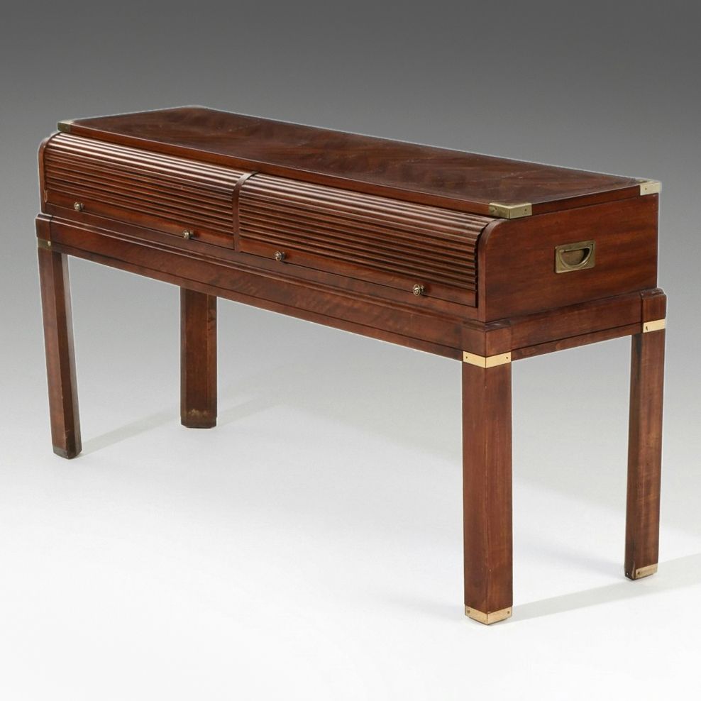 Campaign Style Mahogany Console Table with Reeded Tambour Drawer Fronts