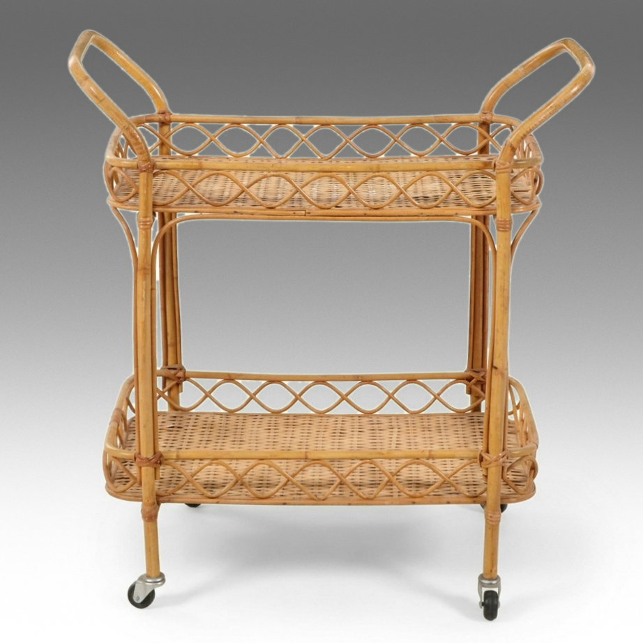 Mid Century Style Bentwood Rattan and Wicker Bar Cart, Mid to Late 20th Century