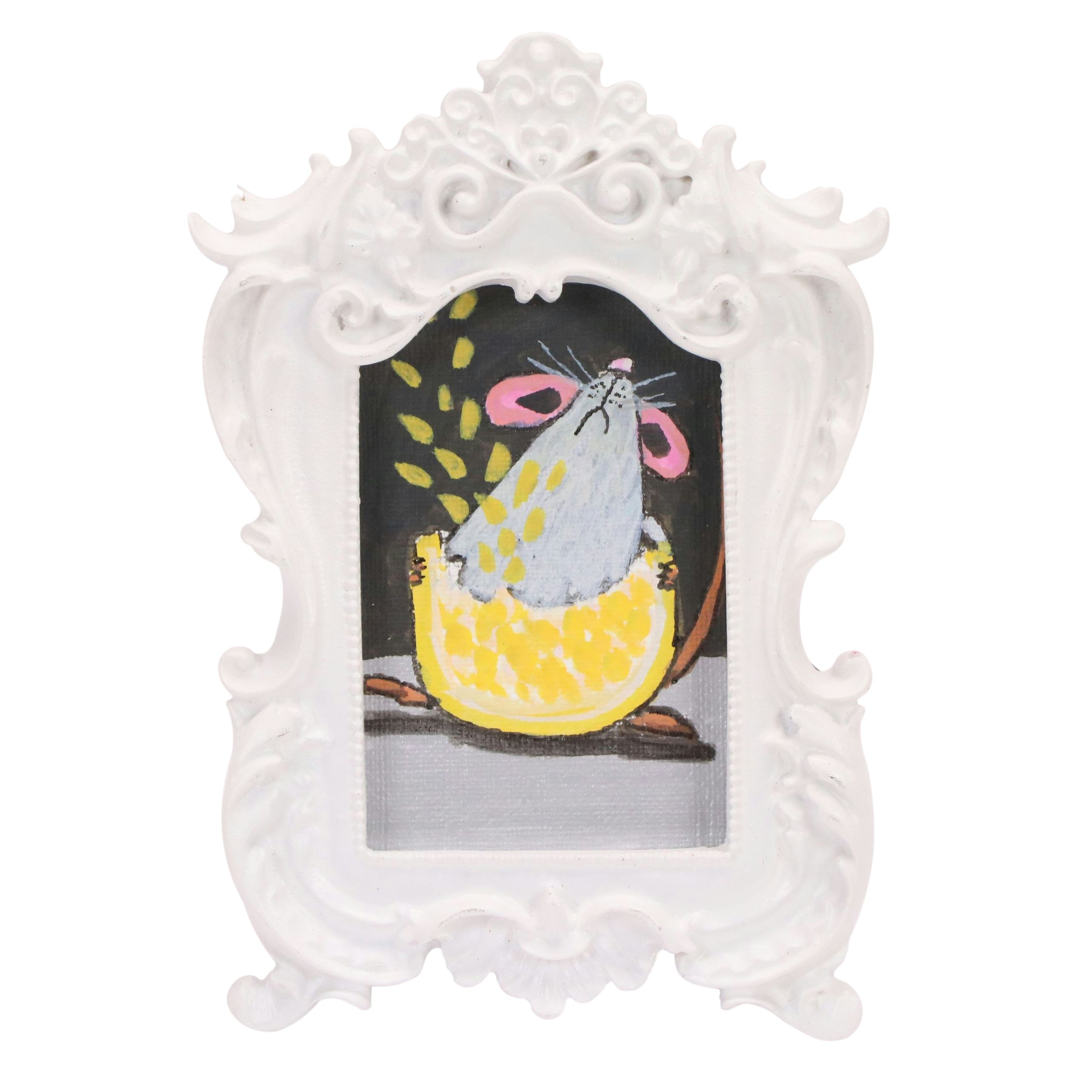 Nina Smit Miniature Acrylic Painting of Mouse Biting Lemon