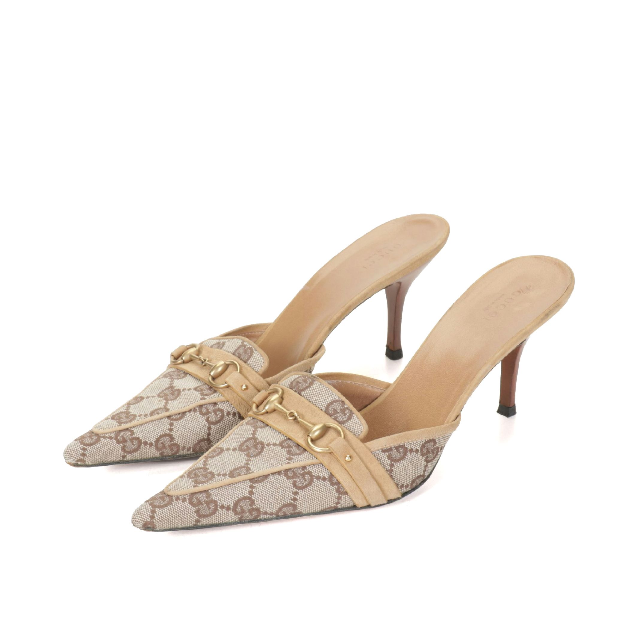 Gucci Monogram Canvas Horsebit Mule Heels, Size 9.5