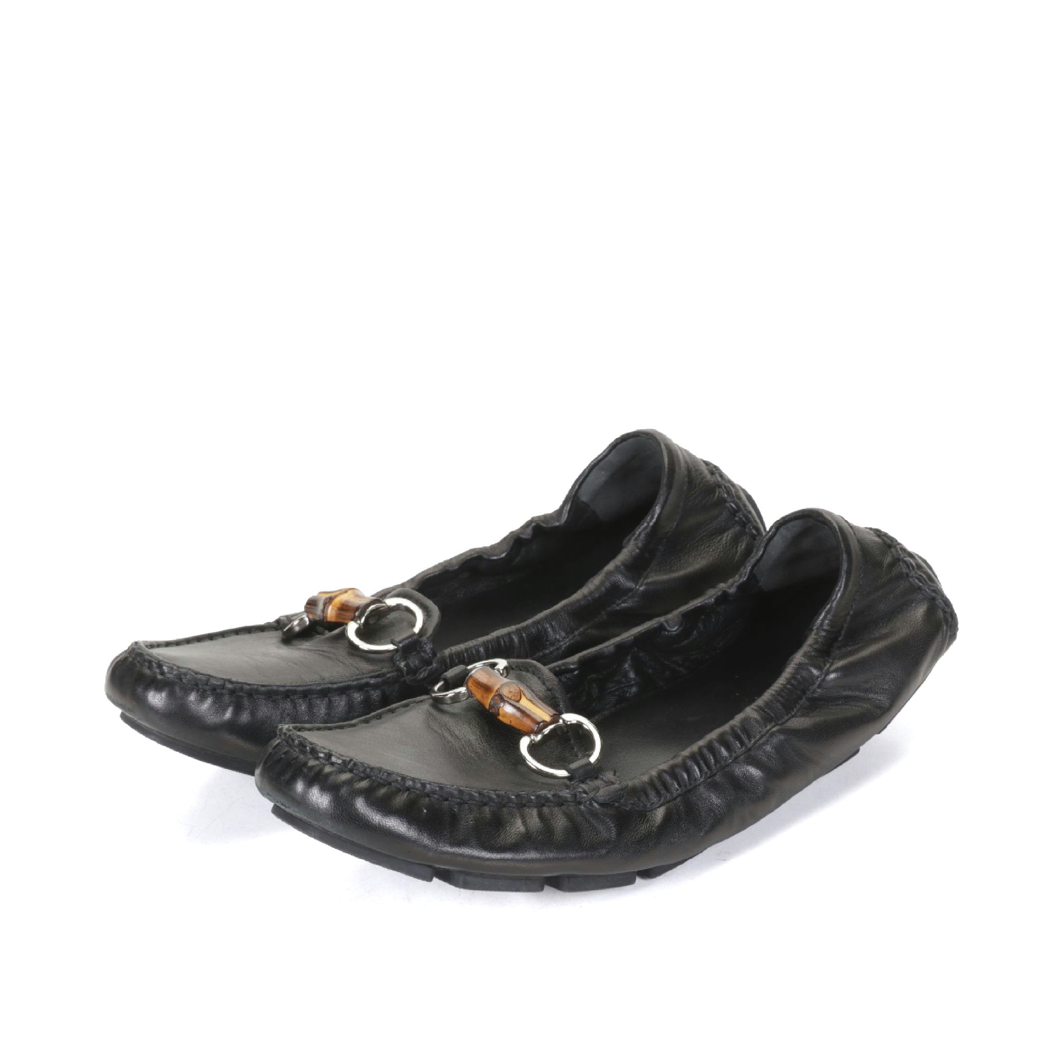 Gucci Black Leather Bamboo Horsebit Scrunch Driving Loafers
