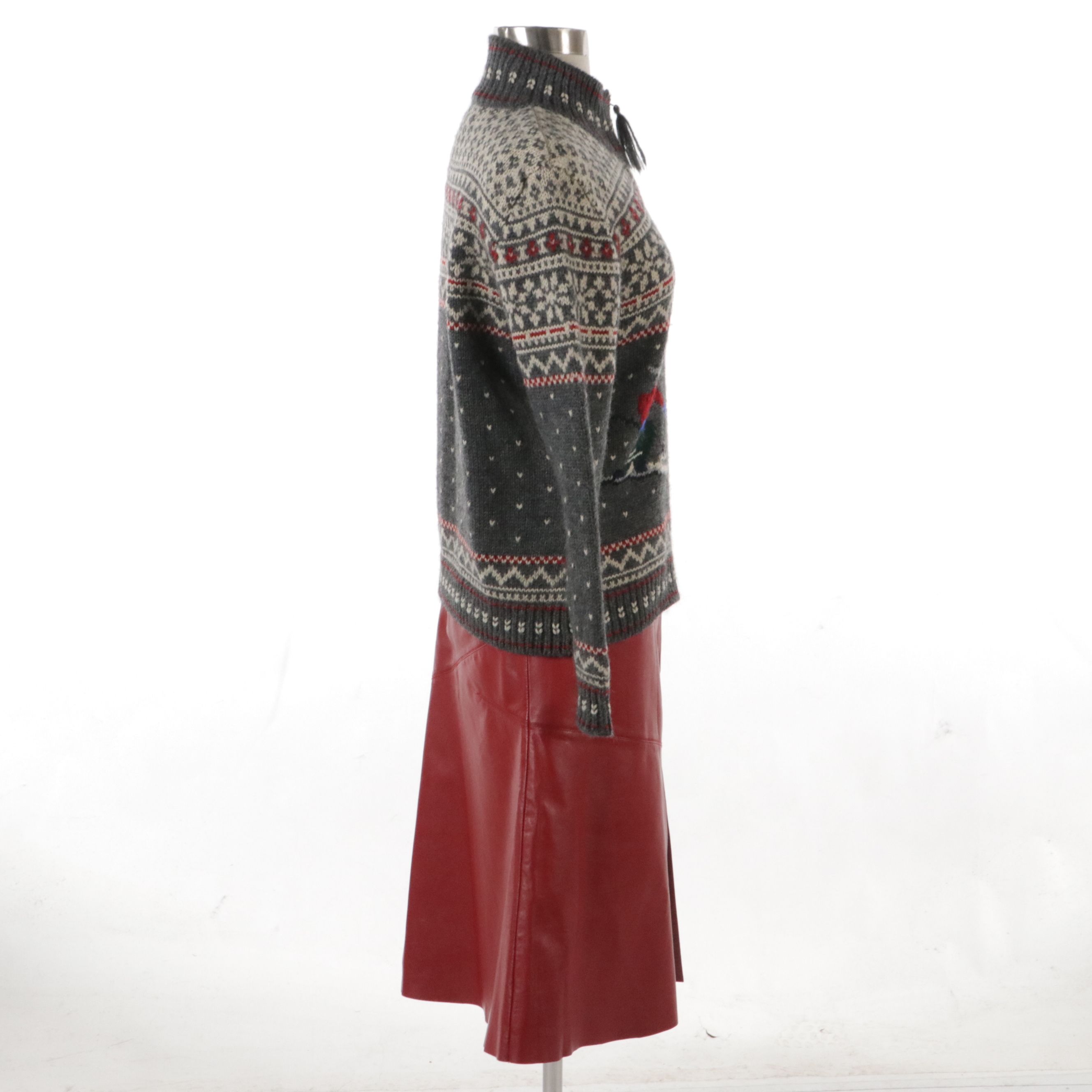 Lauren Ralph Lauren Worsted Wool Cardigan and Margaret Godfrey Red Leather Skirt